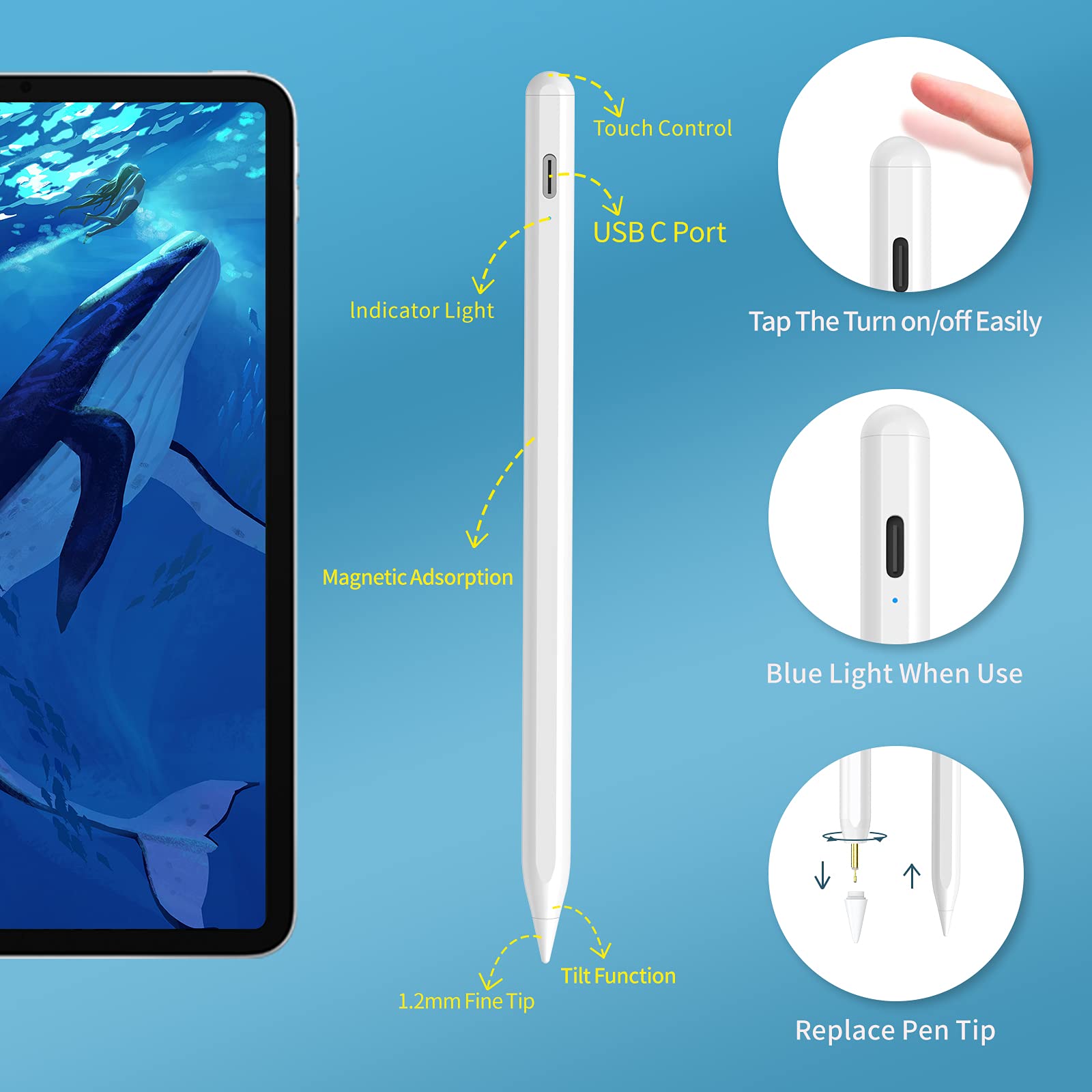 Premium Stylus Pen for iPad 9th & 10th Generation - Ultra Fast 5X Charging Digital Pencil - Compatible with Apple iPad Pro 11/12.9 Inch (2018-2023), iPad 6-10 Gen, iPad Mini 5-6 Gen, iPad Air 3-5 Gen - White - Perfect for Drawing, Note-Taking & Professional Work