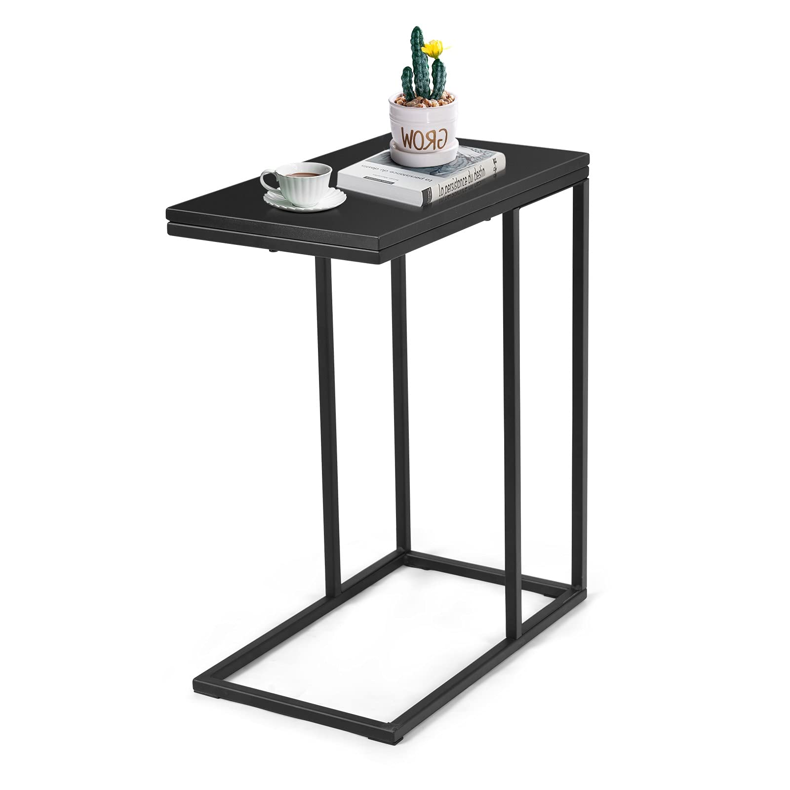Hysache Industrial Narrow C-Shaped Side Table with Metal Frame & Rectangle MDF Top - Black End Table for Couch, Sofa, Living Room, Bedroom & Home Office - Perfect for Small Spaces, Reading Nooks & Coffee Cup Placement (HW54186)