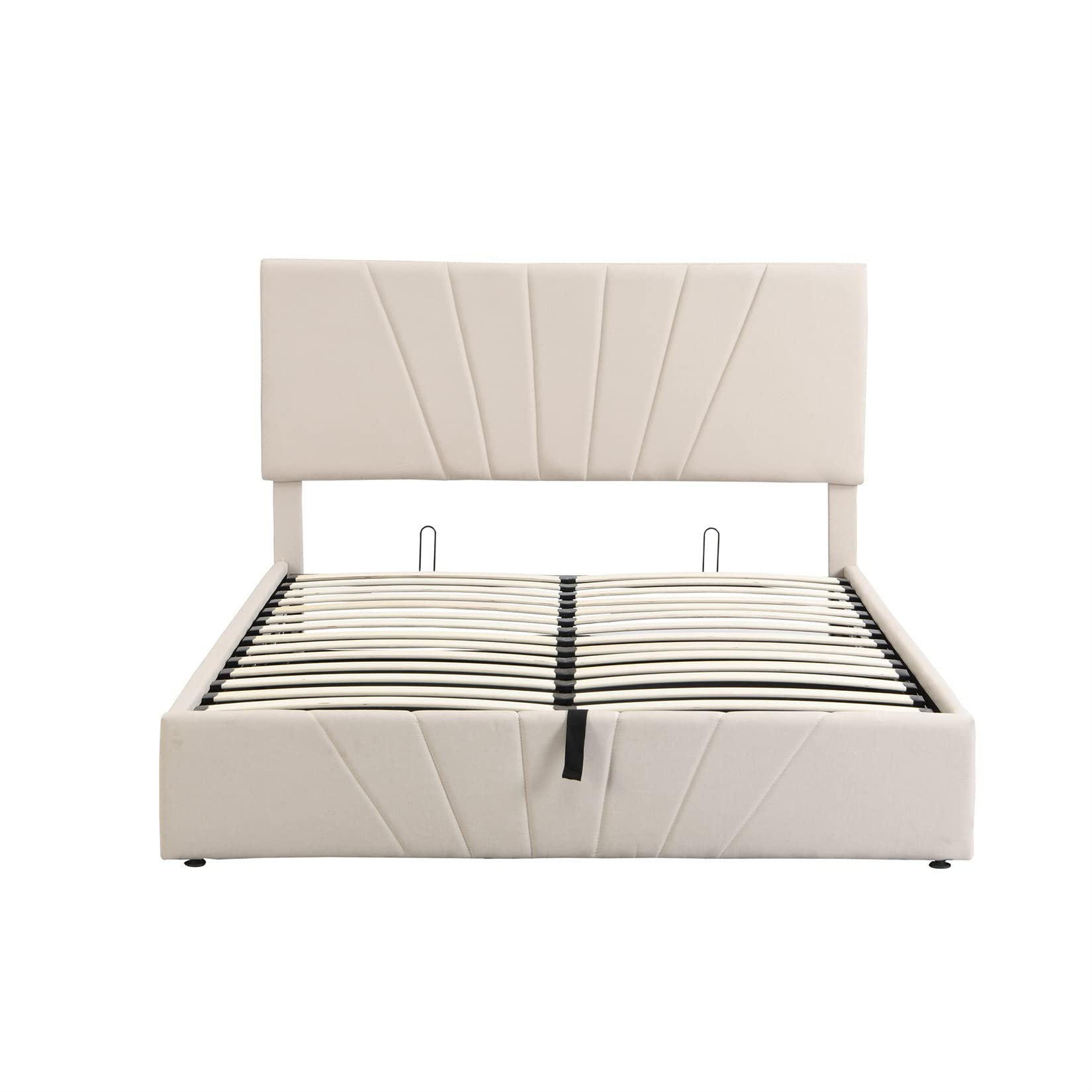 Queen Size Lift Storage Bed - Modern Linen Upholstered Platform Bed Frame with Hydraulic Storage & Slat Support, Beige - Perfect for Small Bedrooms, Guest Rooms & Space-Saving Solutions