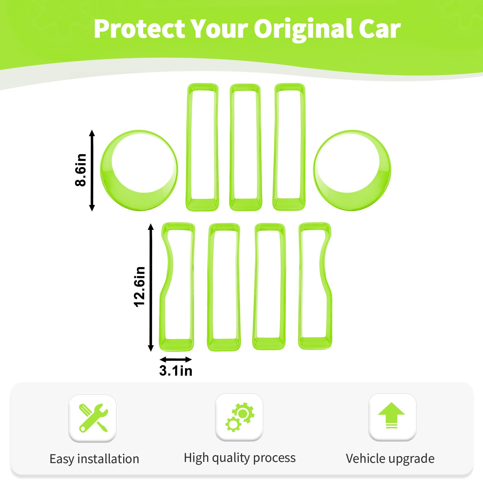 RT-TCZ Mesh Front Grille Grill Insert & Headlight Cover Trim for Jeep Wrangler JL/JLU (2018-2022) - 9-Piece Green Exterior Accessories Kit for Off-Road Protection & Style Enhancement