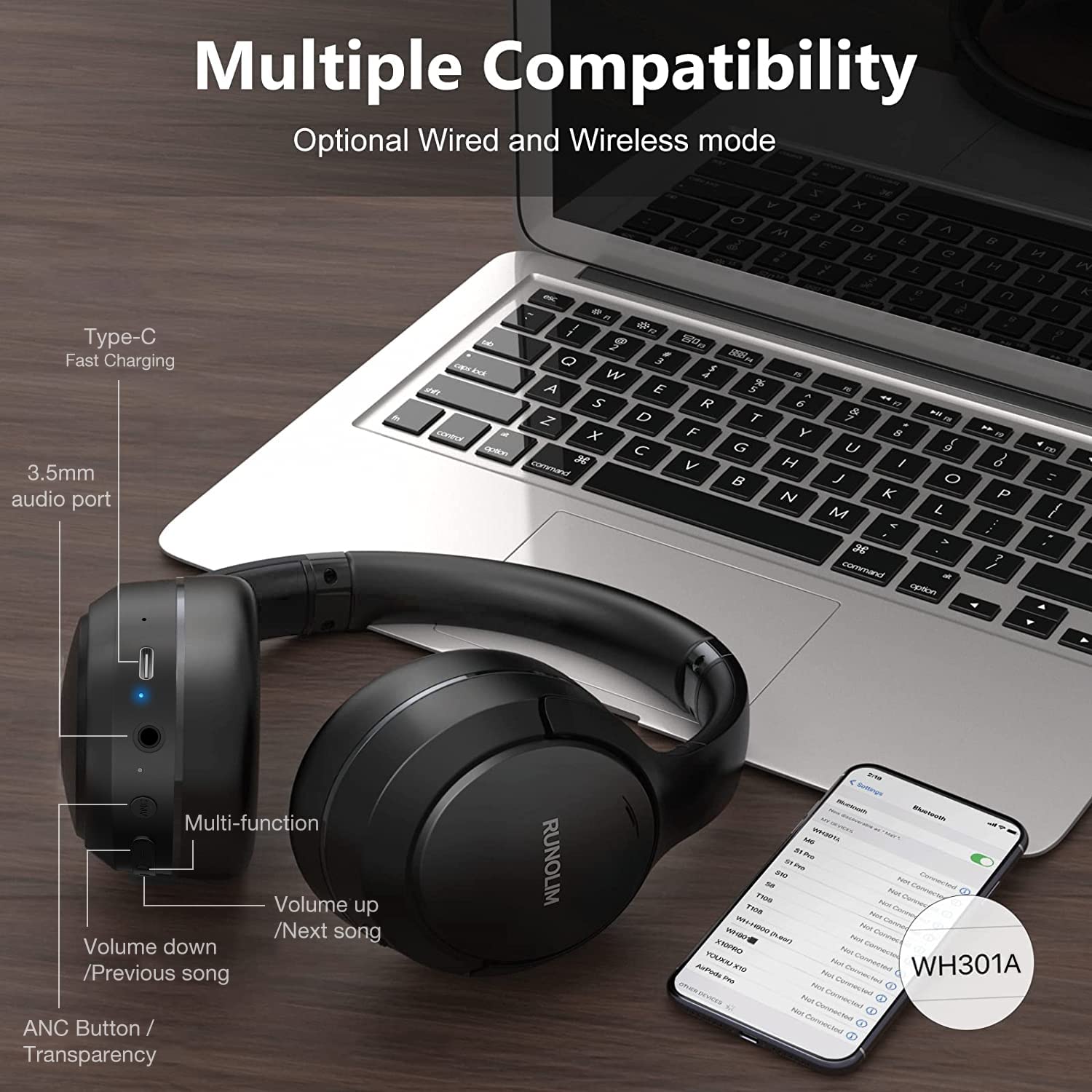 RUNOLIM Hybrid Active Noise Cancelling Wireless Over-Ear Bluetooth Headphones with Microphone - 70H Playtime, Foldable Design, HiFi Audio & Deep Bass - Perfect for Home, Travel, Office & Commuting