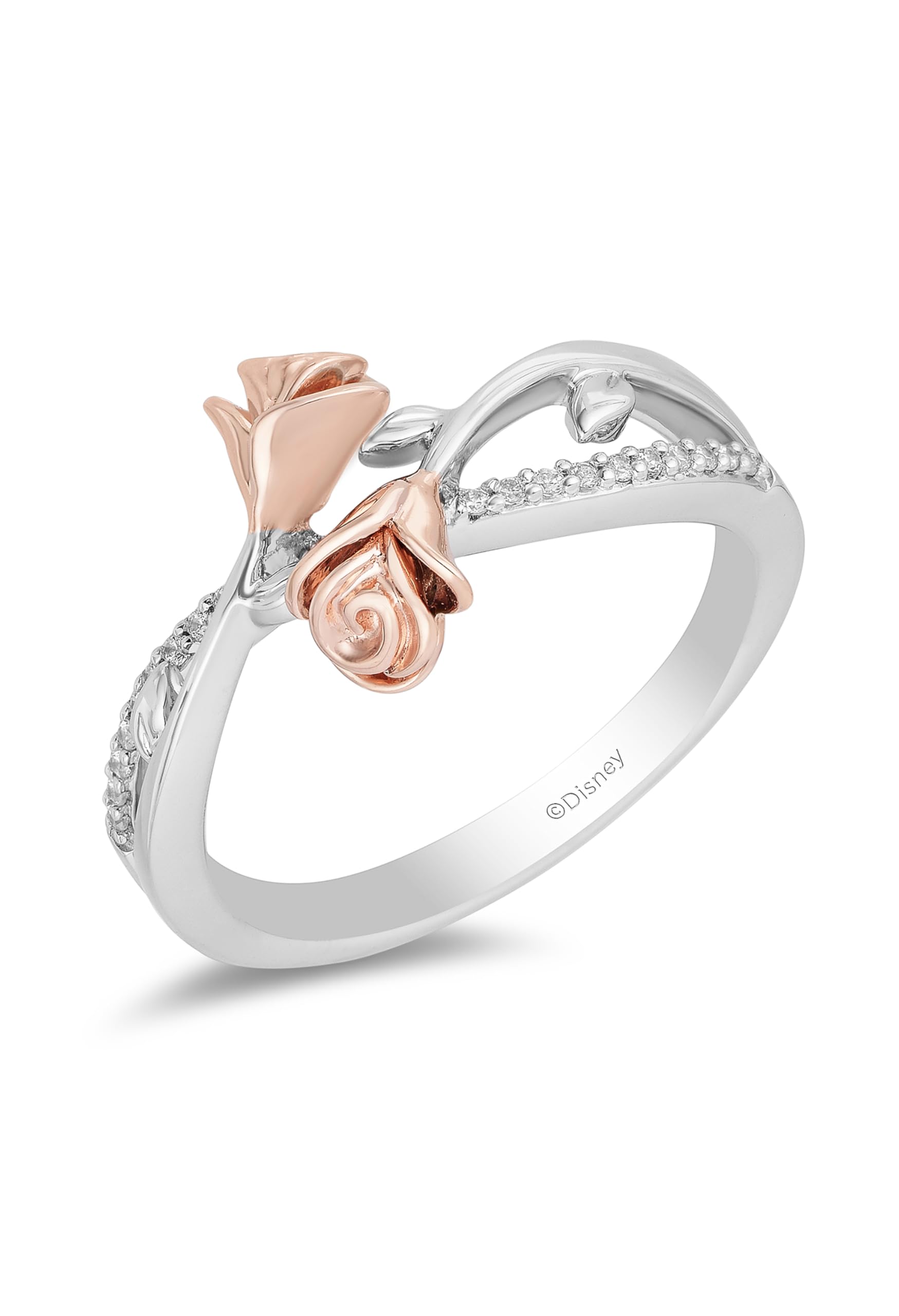 Jewelili Enchanted Disney Belle Rose Fashion Ring - 14K Rose Gold over Sterling Silver with 1/10 Cttw Diamond | Elegant Jewelry Gift for Women, Perfect for Anniversaries, Birthdays & Special Occasions