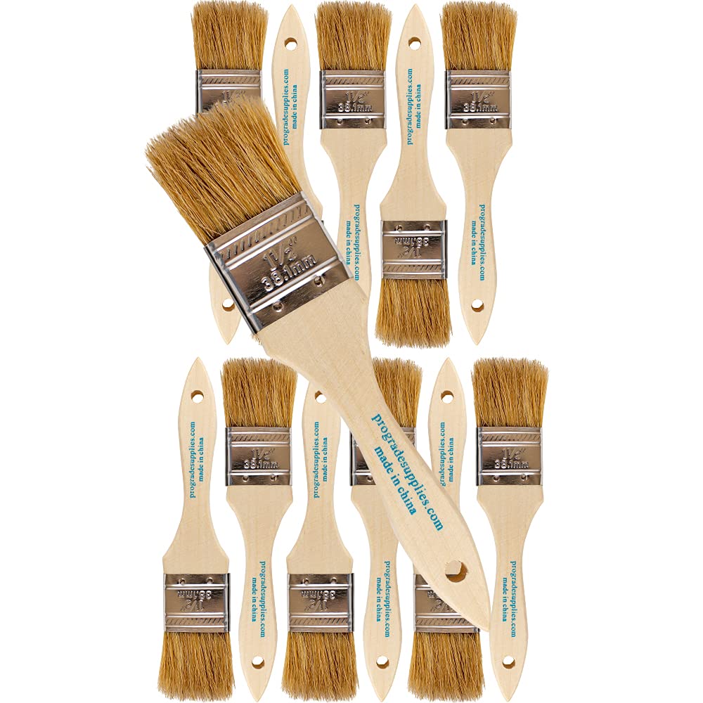 Pro Grade 1.5 Inch Chip Paint Brushes - Pack of 12 Light Brown Artist Brushes for Oil, Acrylic & Watercolor Painting - Perfect for Canvas, Wood & DIY Crafts