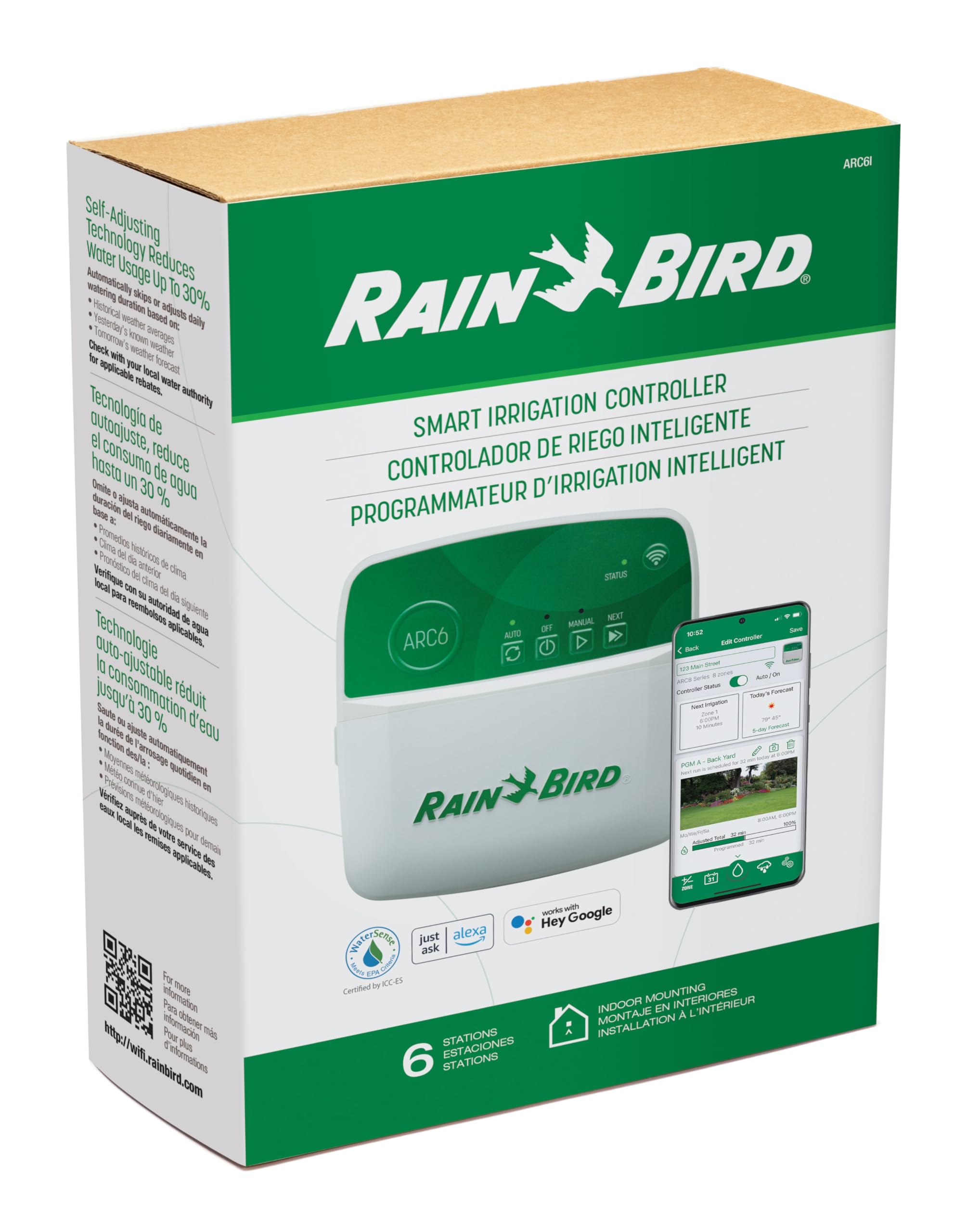 Rain Bird ARC6 Smart WiFi Irrigation Controller - 6-Zone Indoor Water Timer with Alexa & App Control | EPA WaterSense Certified for Water Savings | Perfect for Home Gardens, Lawns & Indoor Plants