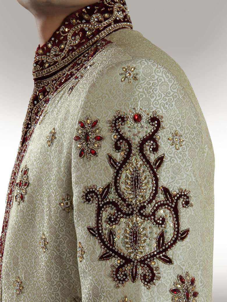 Luxury Designer Cream Brocade Sherwani for Men | Elegant Indian Wedding Attire | Perfect for Grooms, Festivals & Special Occasions