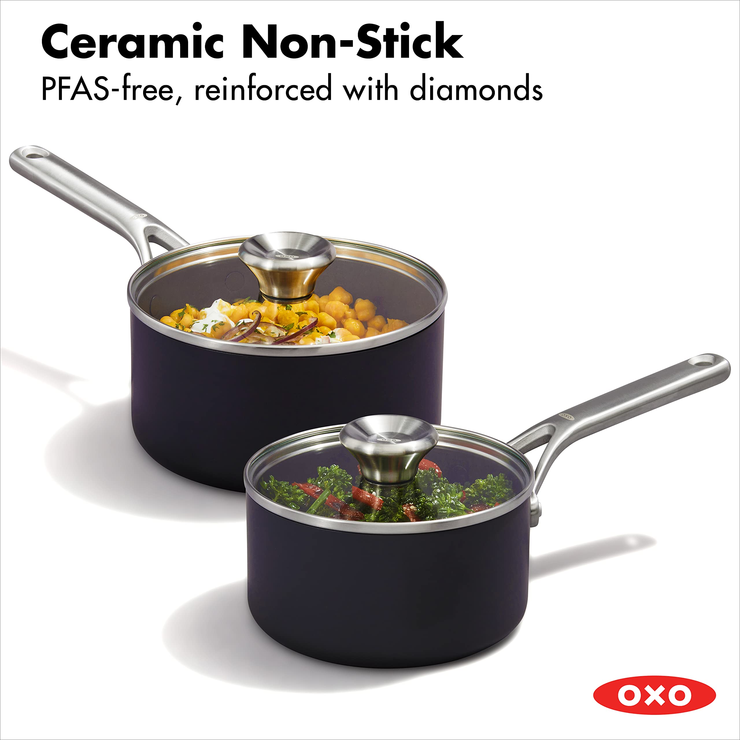 OXO Professional 1.7QT & 2.3QT Nonstick Saucepan Set with Lids - Hard Anodized Ceramic Cookware, PFAS-Free, Induction Compatible, Stainless Steel Diamond Reinforced Coating, Dishwasher & Oven Safe - Perfect for Sauces, Soups, and Everyday Cooking