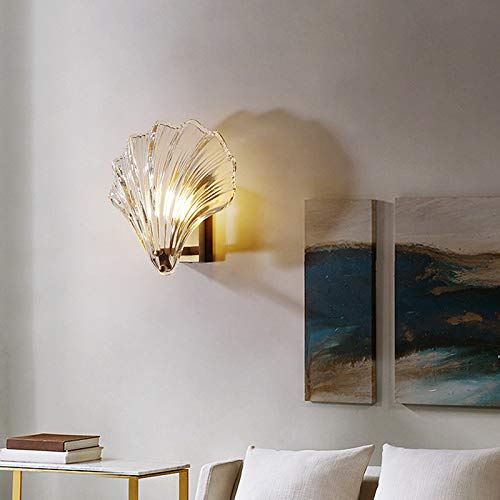 LITFAD Clear Shell Shape Wall Sconce Light - 1-Light Modern Fluted Glass Metal Wall Lamp with Copper Finish - Perfect for Bedroom, Living Room, Restaurant & Hotel Lighting Decor