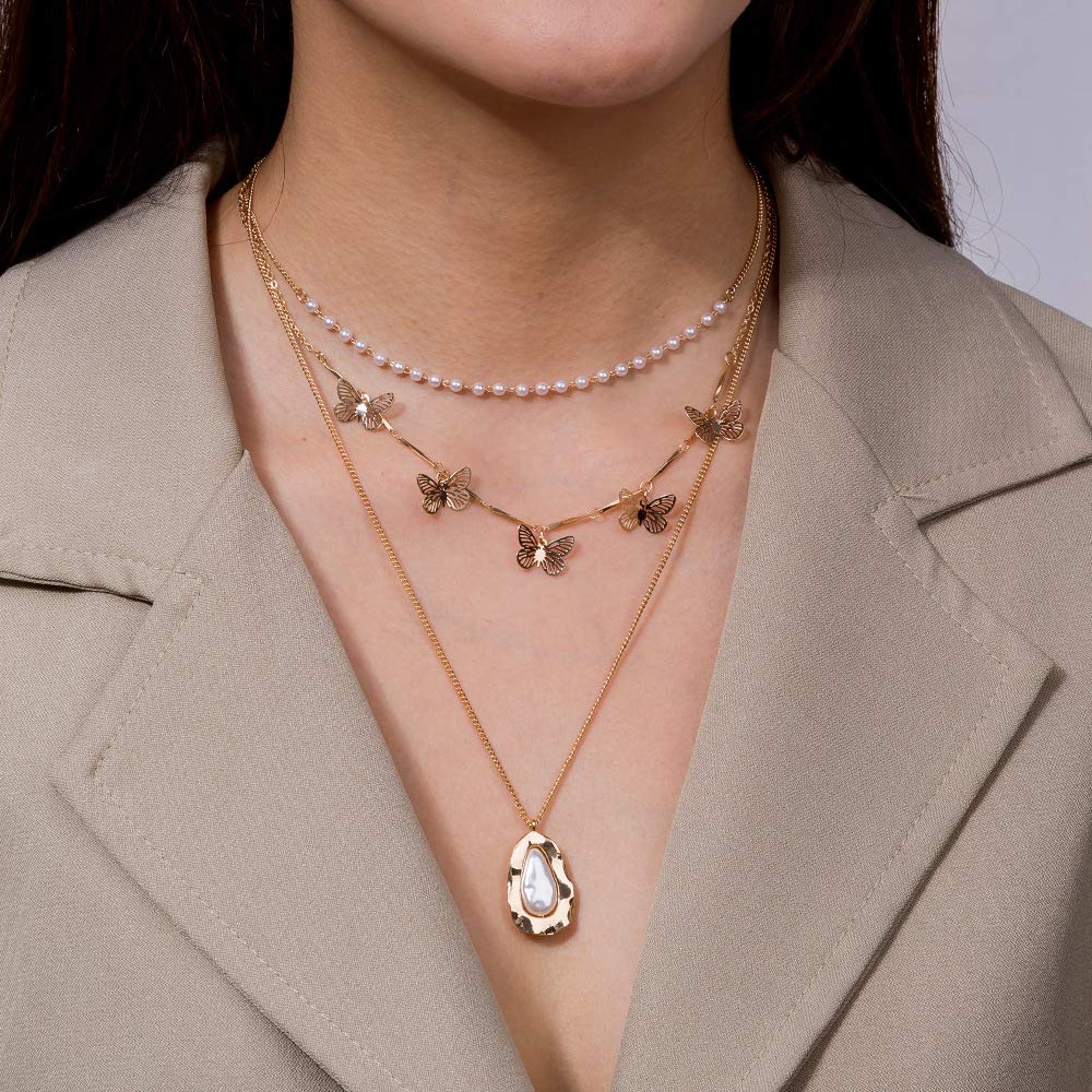 3 Tier Gold Butterfly Pearls Chunky Chain Necklace for Women - Elegant Layered Choker Jewelry for Party, Wedding & Evening Wear - Trendy Fashion Accessory Gift for Her