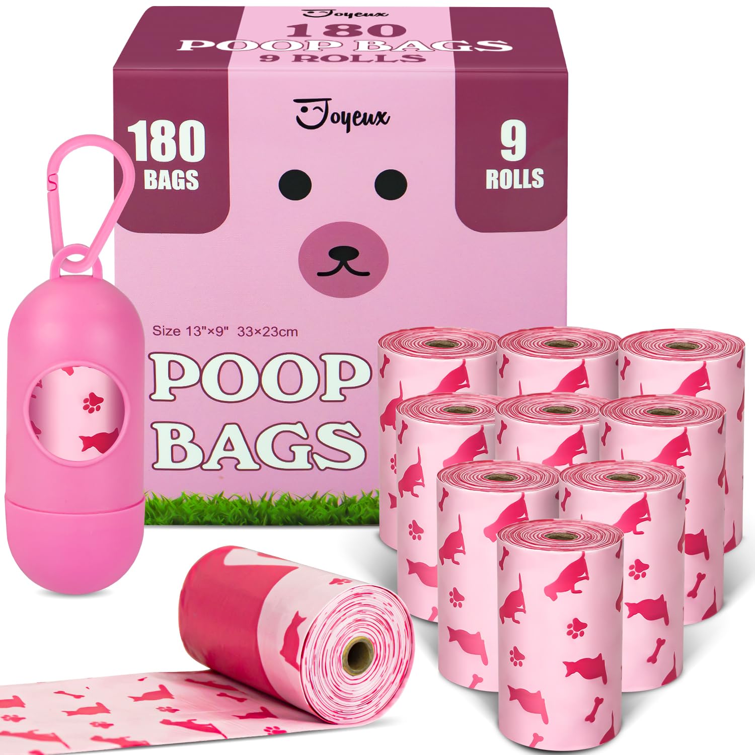 180 Count Extra Thick Leak-Proof Dog Poop Bags with Dispenser - Unscented Pet Waste Bags for Dogs & Cats - Durable Poop Bag Holder for Walking, Park & Travel (Pink)