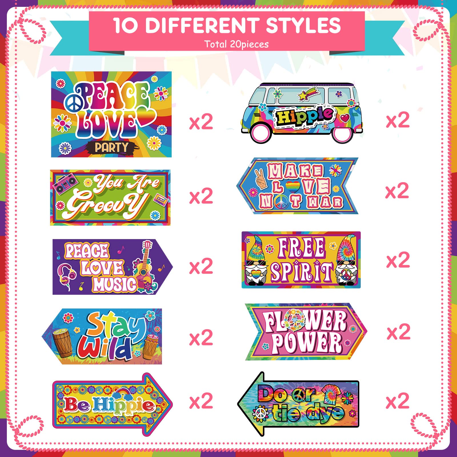 Epakh 20-Piece 60s Hippie Party Decorations Set - Groovy Peace Sign & Psychedelic Themed Birthday Supplies for 1960s Theme Parties, Baby Showers & Retro Events