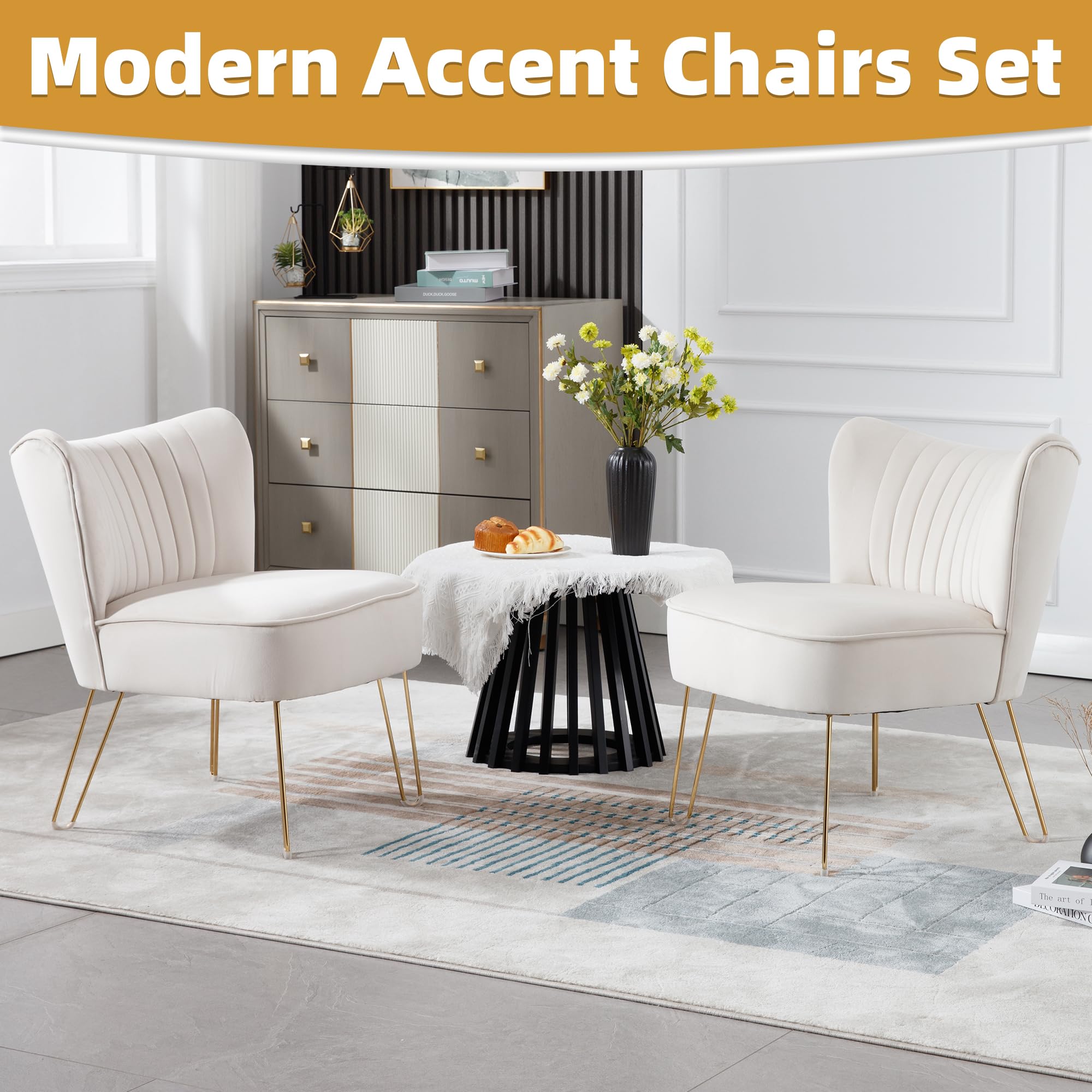 ABET Accent Chairs Set of 2 - Velvet Upholstered Armless Living Room Chairs with Tufted Wingback Design, Thick Cushion & Golden U-Shaped Metal Legs - Modern Comfortable Slipper Chairs for Living Room, Bedroom, or Office - Beige