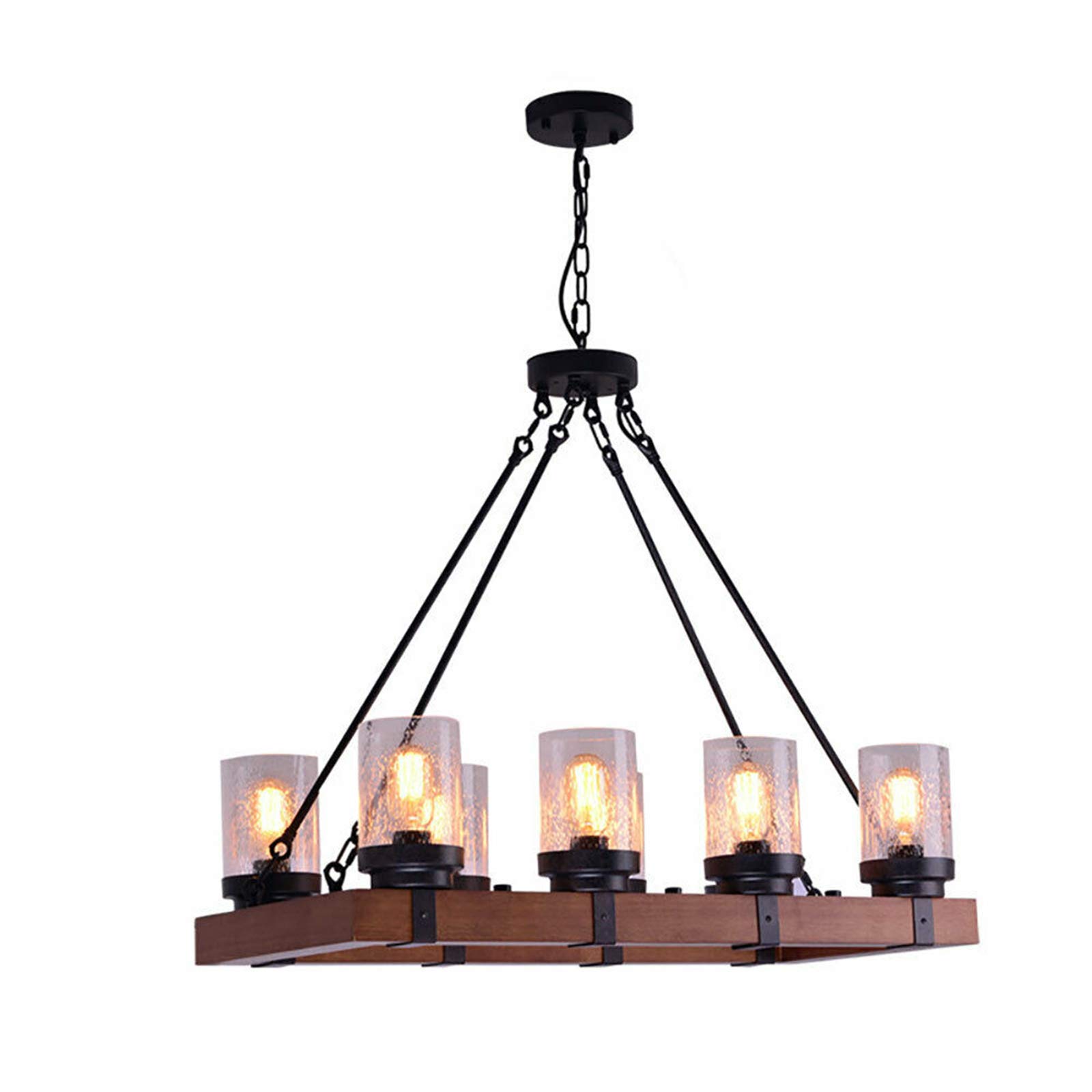 480W Retro Industrial Style 8-Light Wooden Pendant Ceiling Lamp with Adjustable Chain - Candle Glass Lighting Fixture for Restaurant, Kitchen, Farmhouse, Pub & Home Decoration (Black)