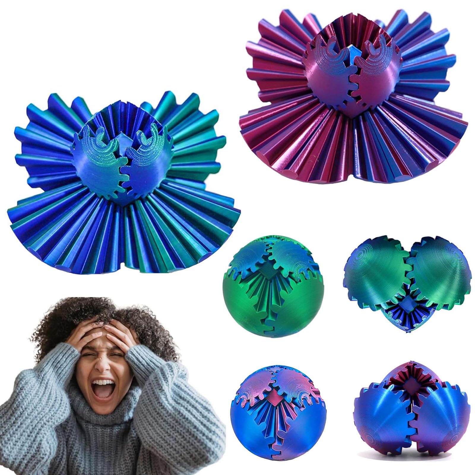2 Packs DIY Gear Ball - 3D Printed Fidget Toy for Stress Relief, Anxiety & Focus - Spinning Gear Sphere Cube Desk Toy for Kids & Adults - Perfect Christmas Birthday Gift for Office, School, Home Use (P&G)