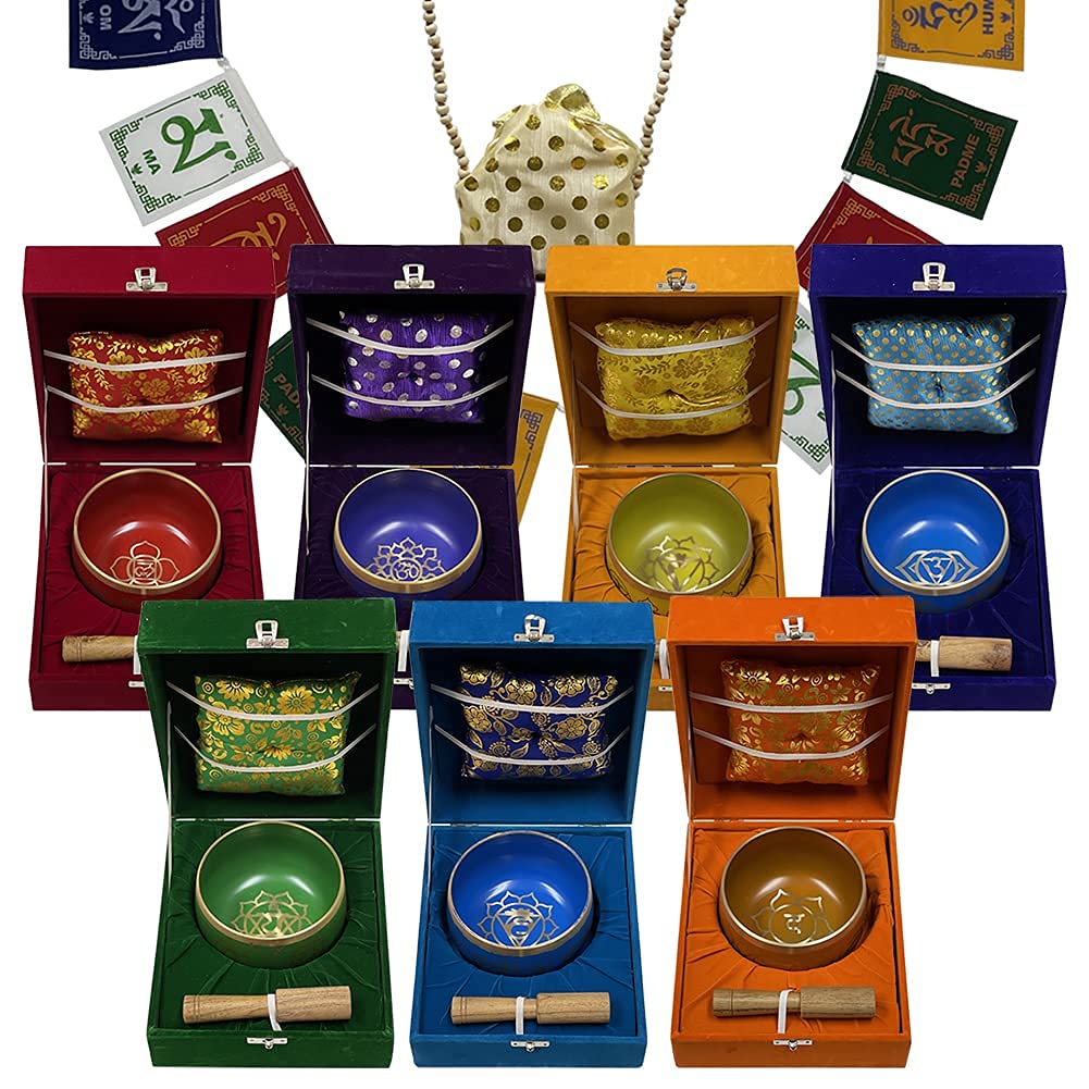Authentic Tibetan Chakra Singing Bowls Set with Cushion, Mallet, Tulsi Mala Beads & Prayer Flag - Large Size for Meditation, Yoga & Mindfulness Practice | Perfect for Sound Healing, Spiritual Rituals & Home Decor