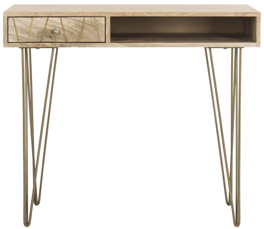 Safavieh Marigold Modern Hairpin Leg Desk with 1 Drawer - Natural Wood & Brass Finish - Perfect for Home Office, Study Room, or Workspace