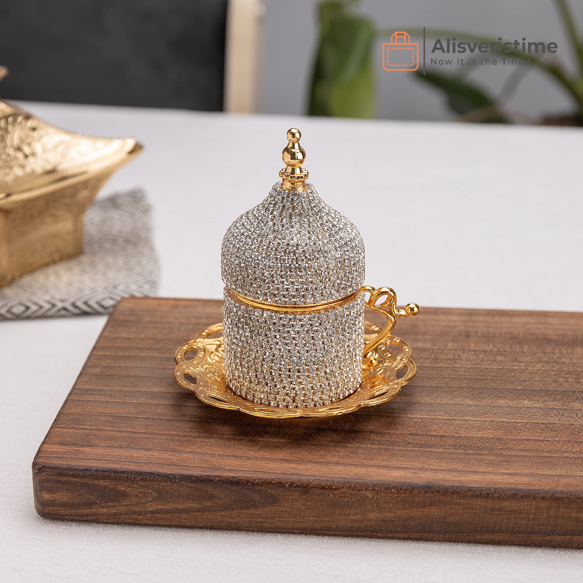 27-Piece Turkish Coffee Set with Crystal Embellishments – Gold Zamac Espresso Cups, Saucers & Sugar Bowl with Decorative Tray – Elegant Home Decor for Entertaining Guests, Afternoon Tea, or Gift Giving
