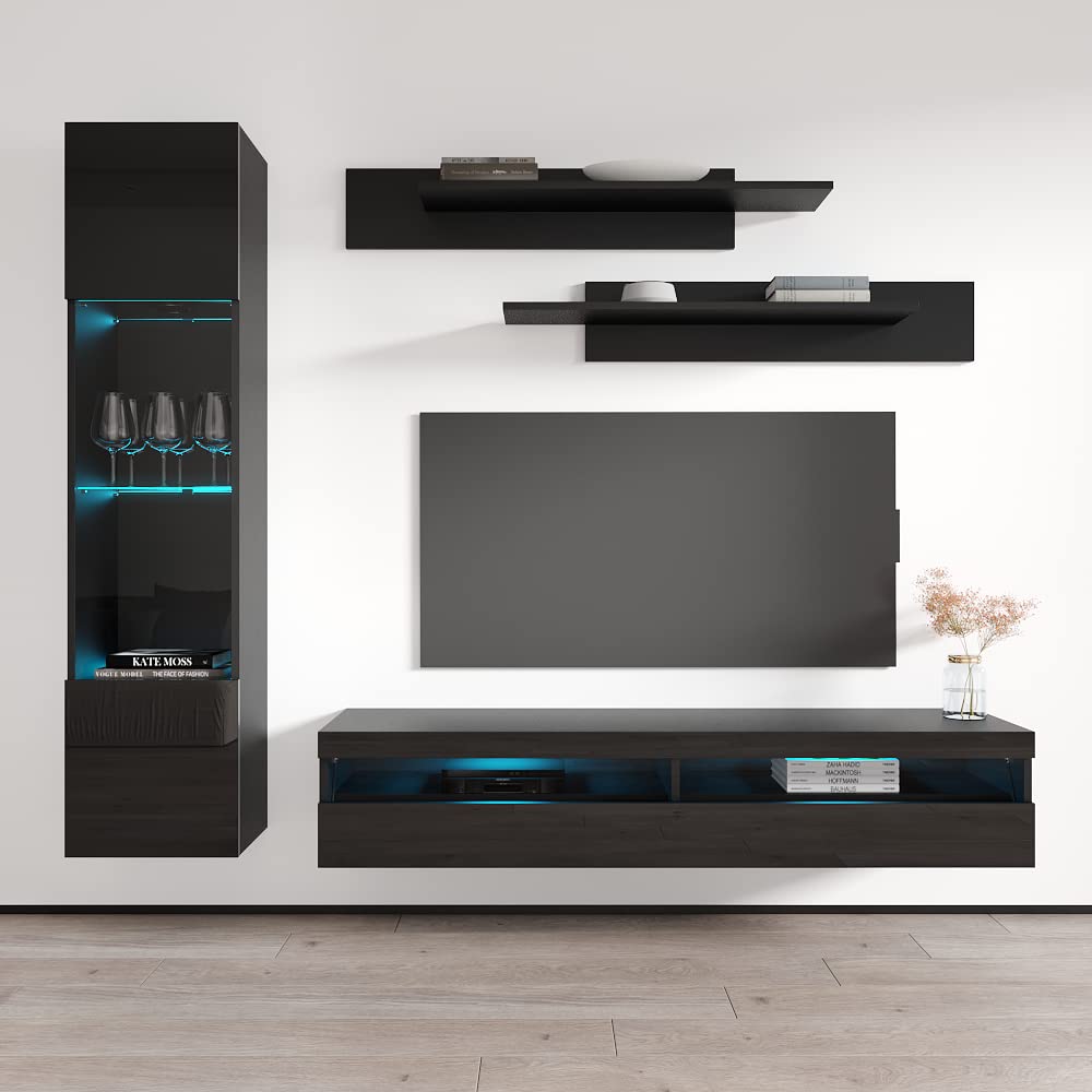 Modern Floating TV Stand with Storage & LED Lights - Wall-Mounted Entertainment Center for Living Room & Bedroom - G3 35TV Console with Shelves - Perfect for Small Spaces & Home Theater Setup - Black