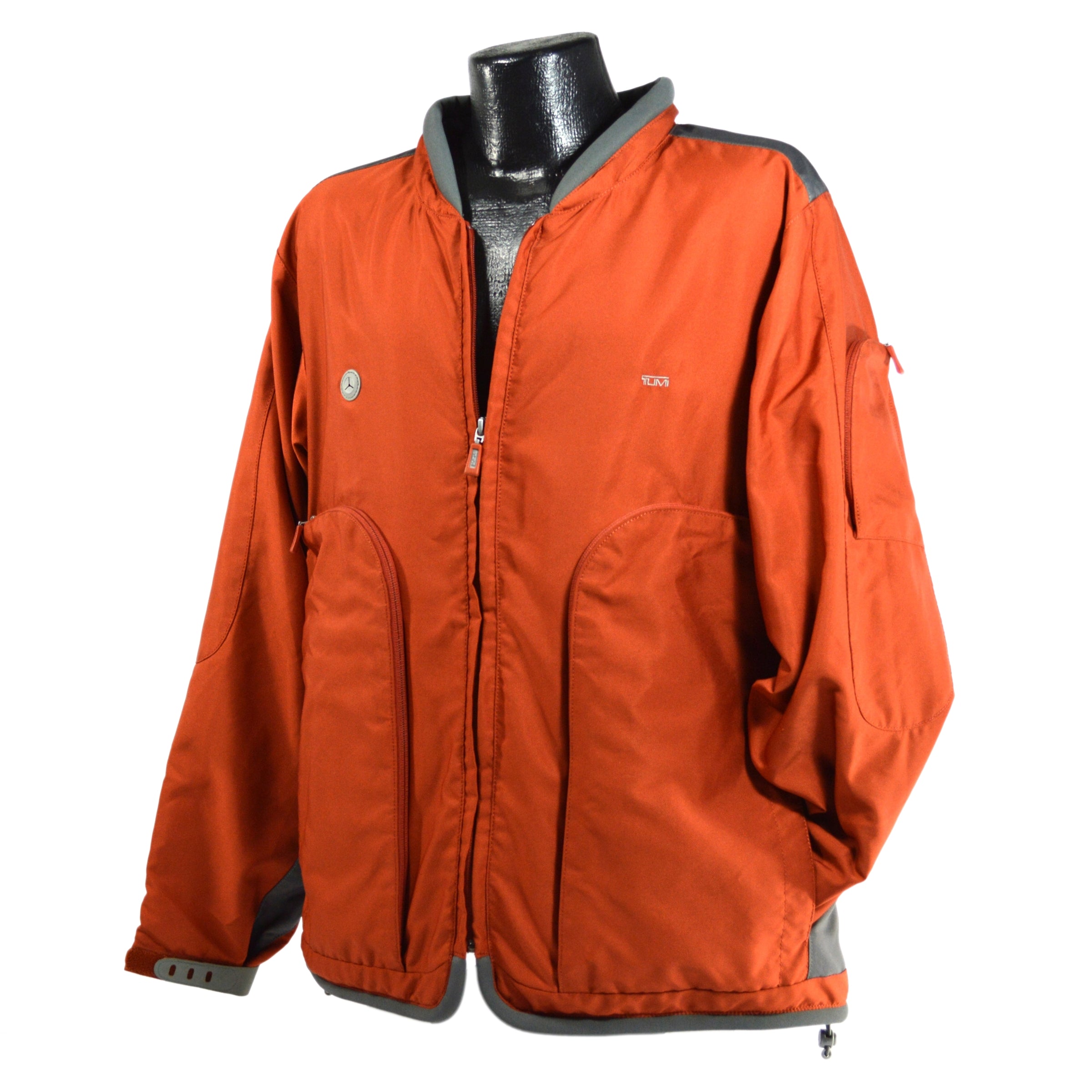 Pre-Owned TUMI Travel Jacket - Medium Size in Burnt Orange & Gray with Large Pockets | Perfect for Business Trips & Outdoor Adventures