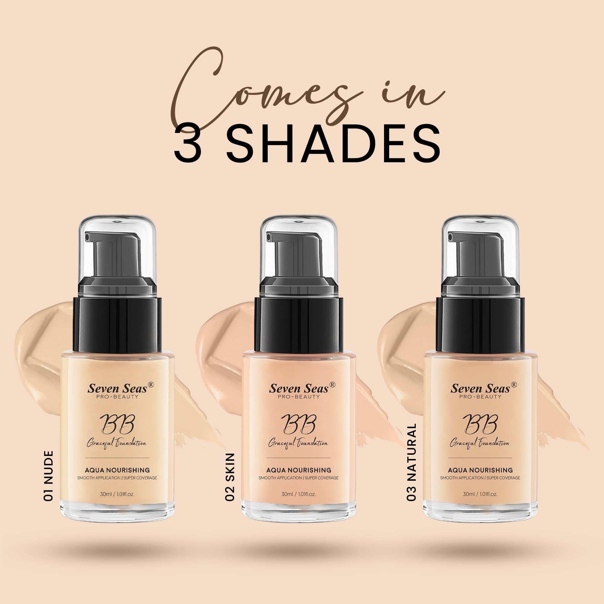 Seven Seas BB Gracefull Foundation - Aqua Nourishing Liquid Makeup with Smooth Application & Full Coverage | Hydrating Face Foundation for Women (Nude, 30ML) | Perfect for Daily Wear, Special Occasions & Photo Shoots