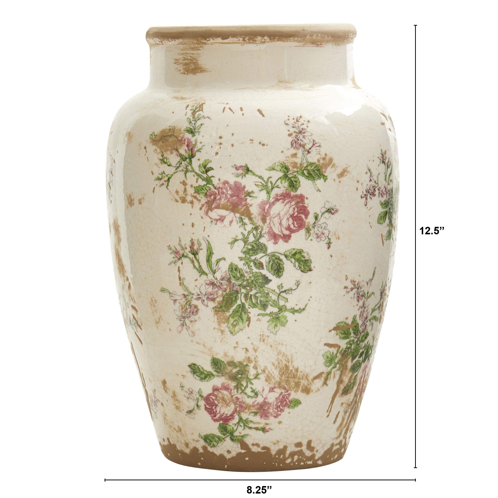 Nearly Natural 12.5 Inch Tuscan Ceramic Vase with Floral Print - Elegant Home Decor for Living Room, Dining Table, or Wedding Centerpiece