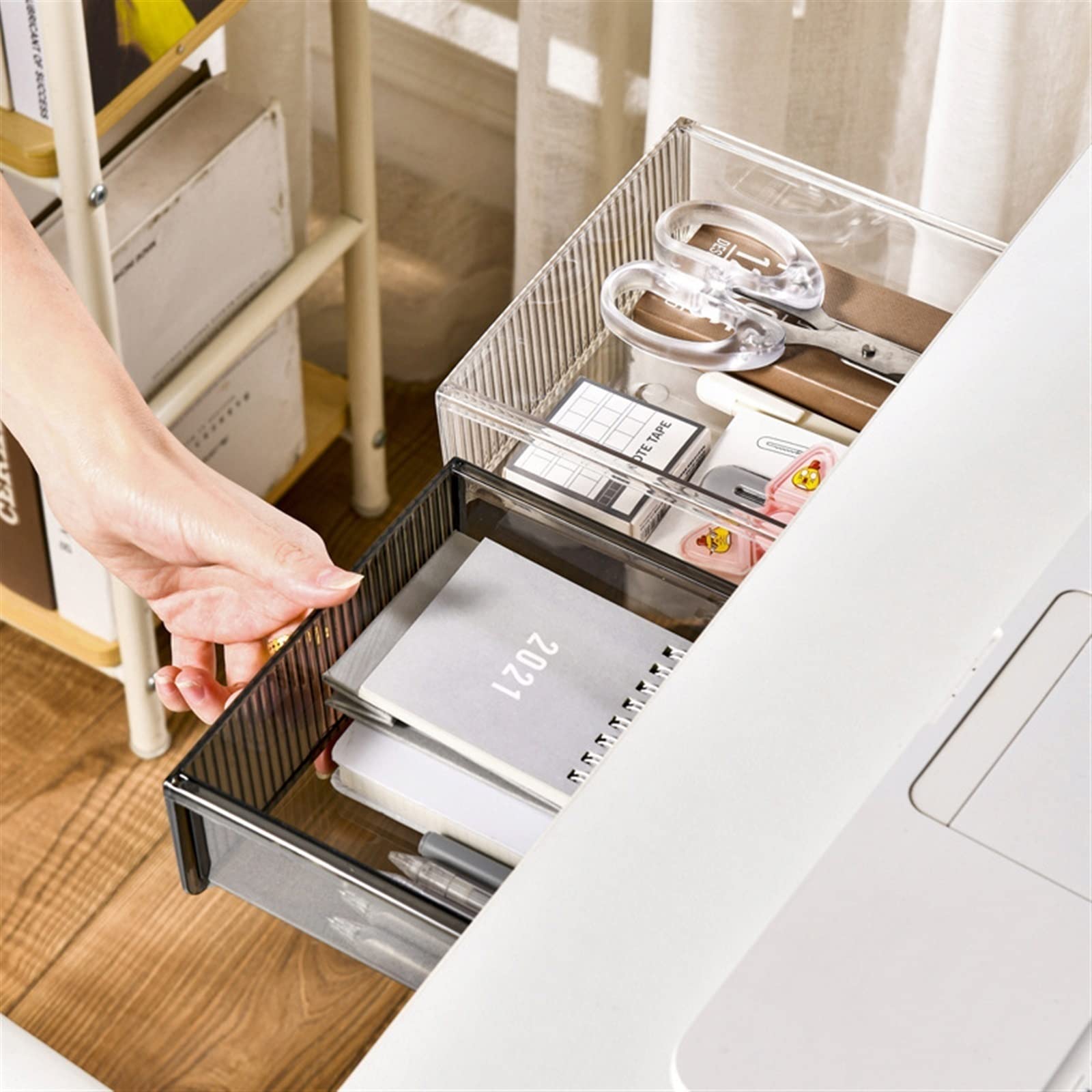 Under Desk Drawer Organizer - Self Adhesive Pen & Pencil Holder Tray for Office Desk, Sticky Hidden Storage Box for Stationery - Fits Closet, Bookcase, Kitchen Cabinet (White, Small) - Perfect for Home Office & Workspace Organization
