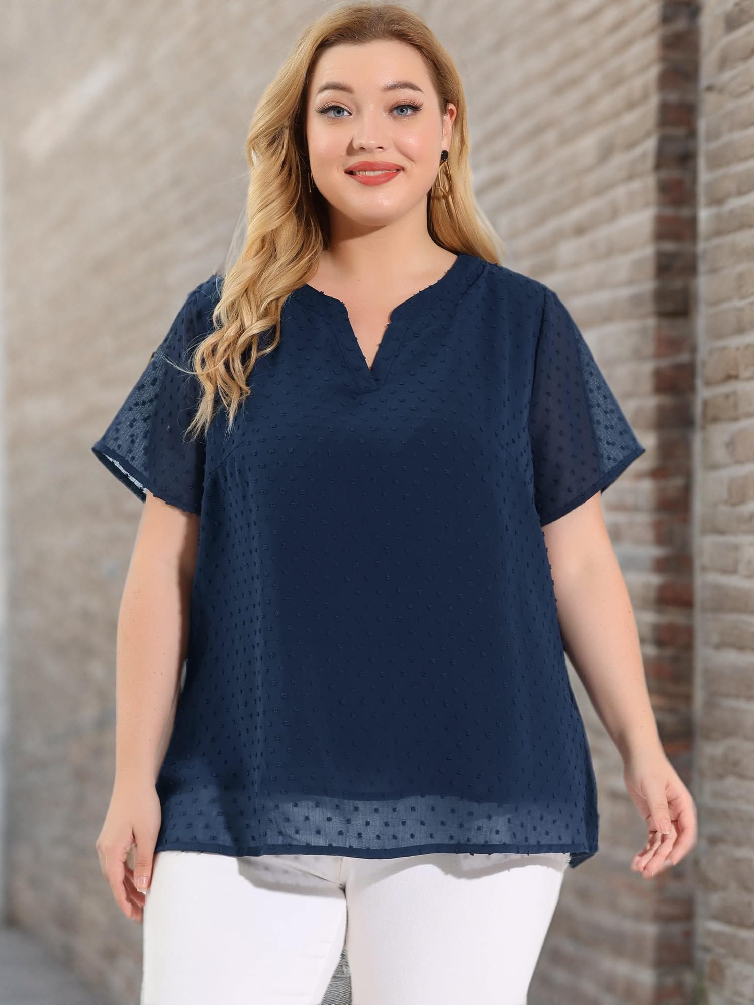 Agnes Orinda Plus Size Women's Summer Tops - Swiss Dot Print Notched Neck Short Sleeve Blouse | Casual Office Wear & Vacation Outfit