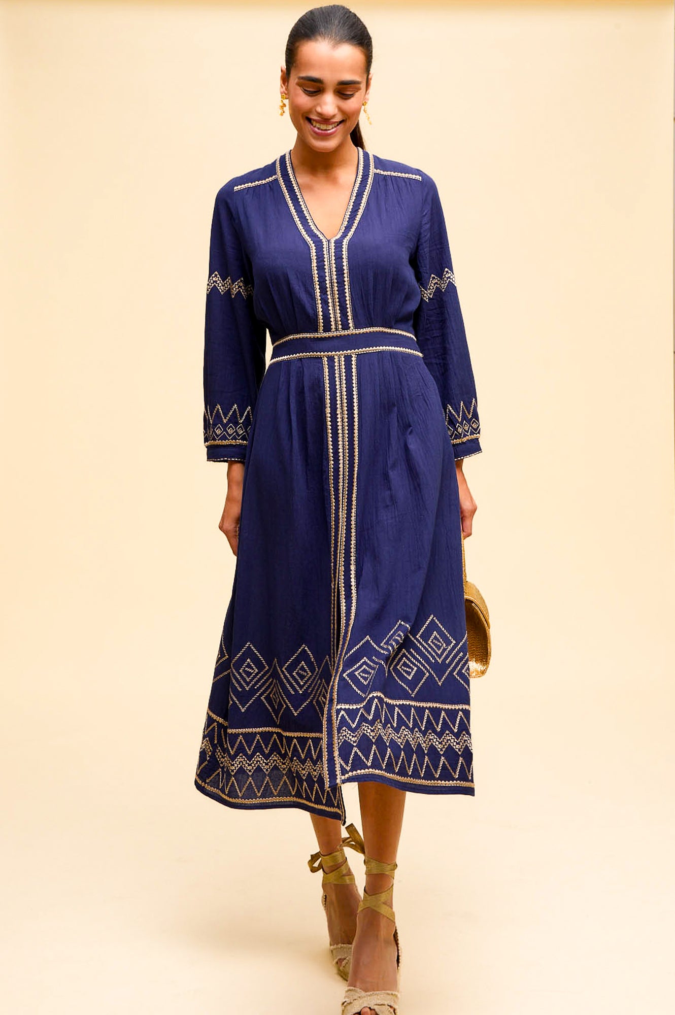 Jamila Embroidered Dress for Women - Navy Blue & Gold Floral Maxi Dress | Elegant Boho Chic Dress for Weddings, Parties & Special Occasions