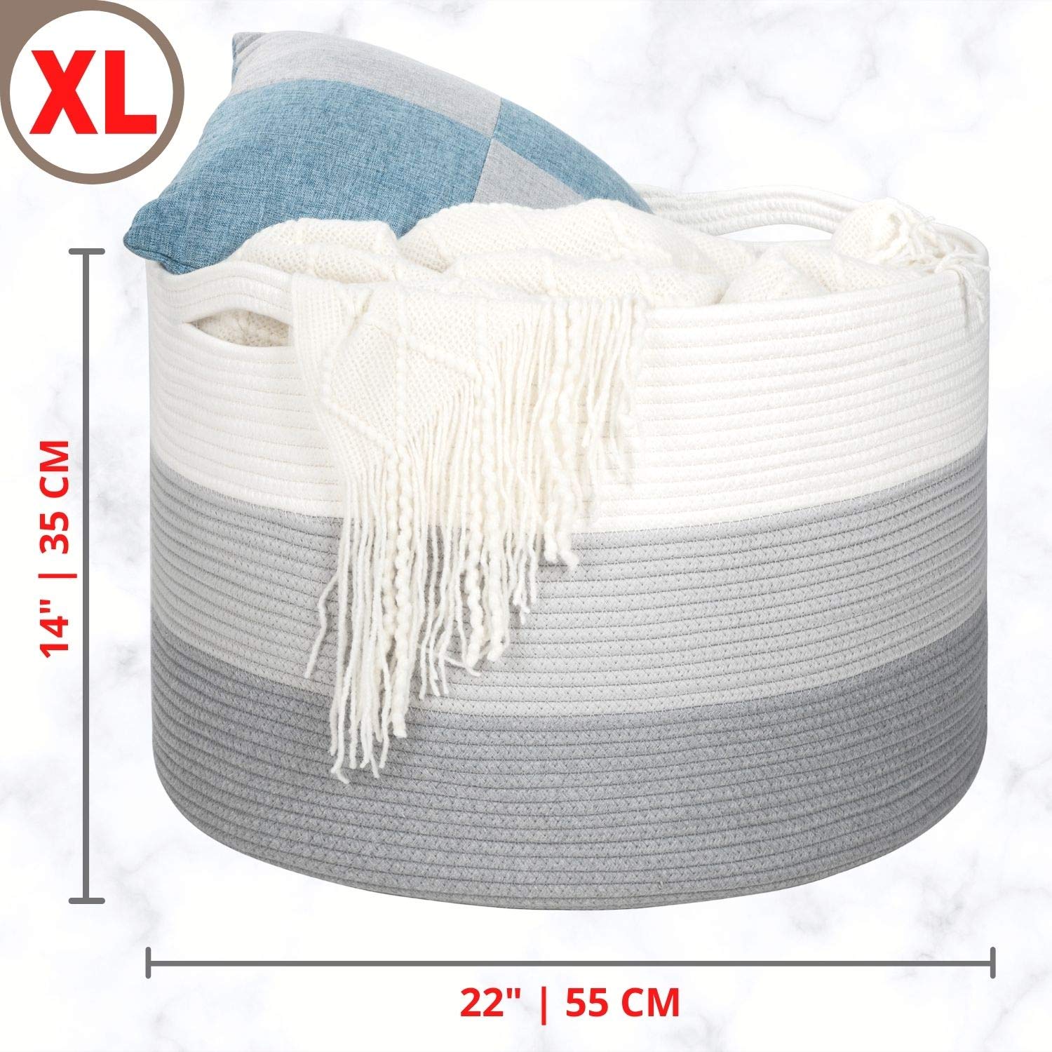 MINTWOOD Extra Large 22x14 Inch Woven Cotton Rope Storage Basket - Light Gray 3-Tone Decorative Bin for Laundry, Blankets, Towels & Dog Toys | Perfect for Bedroom, Bathroom & Nursery Organization