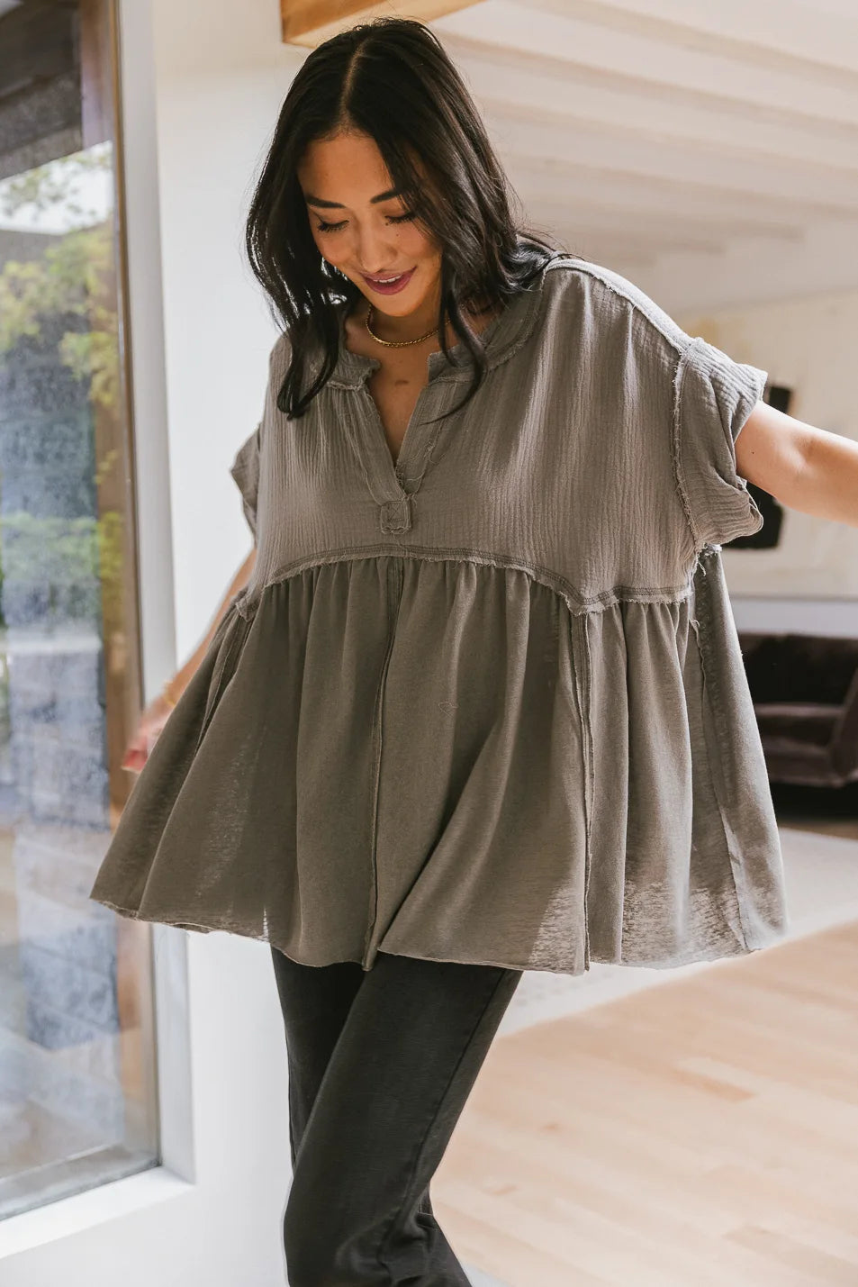 Niki Exposed Seam Top in Sage Green - Women's Fashion Casual Blouse for Summer Outfits & Date Nights | Final Sale