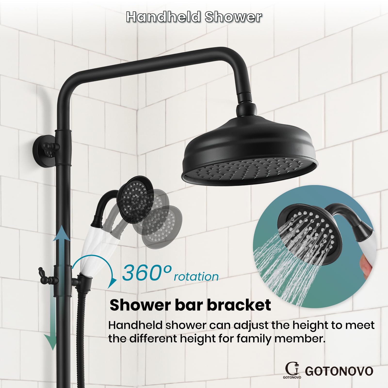 Luxury Matte Black Exposed Shower Faucet Set - 8 Inch Wall Mount Rainfall Shower Head with Handheld Spray & Cross Double Handle - Adjustable Straight Rod for Modern Bathroom - Perfect for Master Bath, Spa-Like Showers & Contemporary Home Renovations