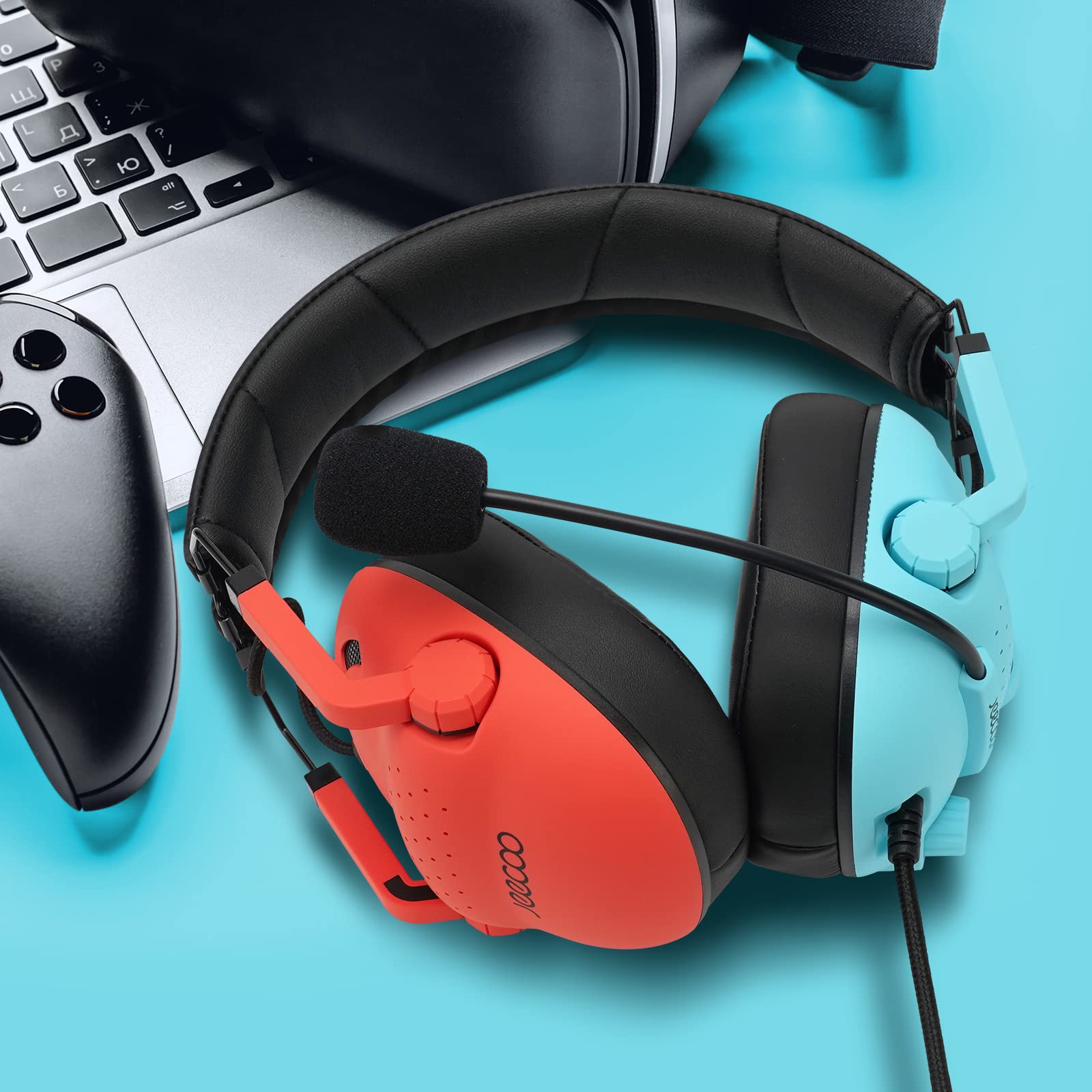 Jeecoo J50 Gaming Headset for PC, PS5, PS4, Xbox One, Switch - Stereo Sound Headphones with Noise-Canceling Mic, Foldable & Lightweight Design for Comfortable Gaming - Compatible with Laptop & Mobile Devices (Red & Blue) - Perfect for Online Gaming, Streaming & Video Calls