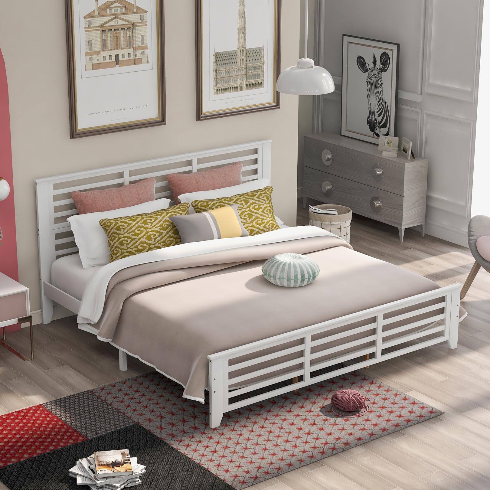 King Size Wooden Platform Bed Frame with Horizontal Strip Hollow Headboard - Solid Wood Slat Support, Modern Country Style Bedroom Furniture for Boys & Girls - Easy Assembly (White) | Perfect for Master Bedrooms, Guest Rooms & Kids' Rooms