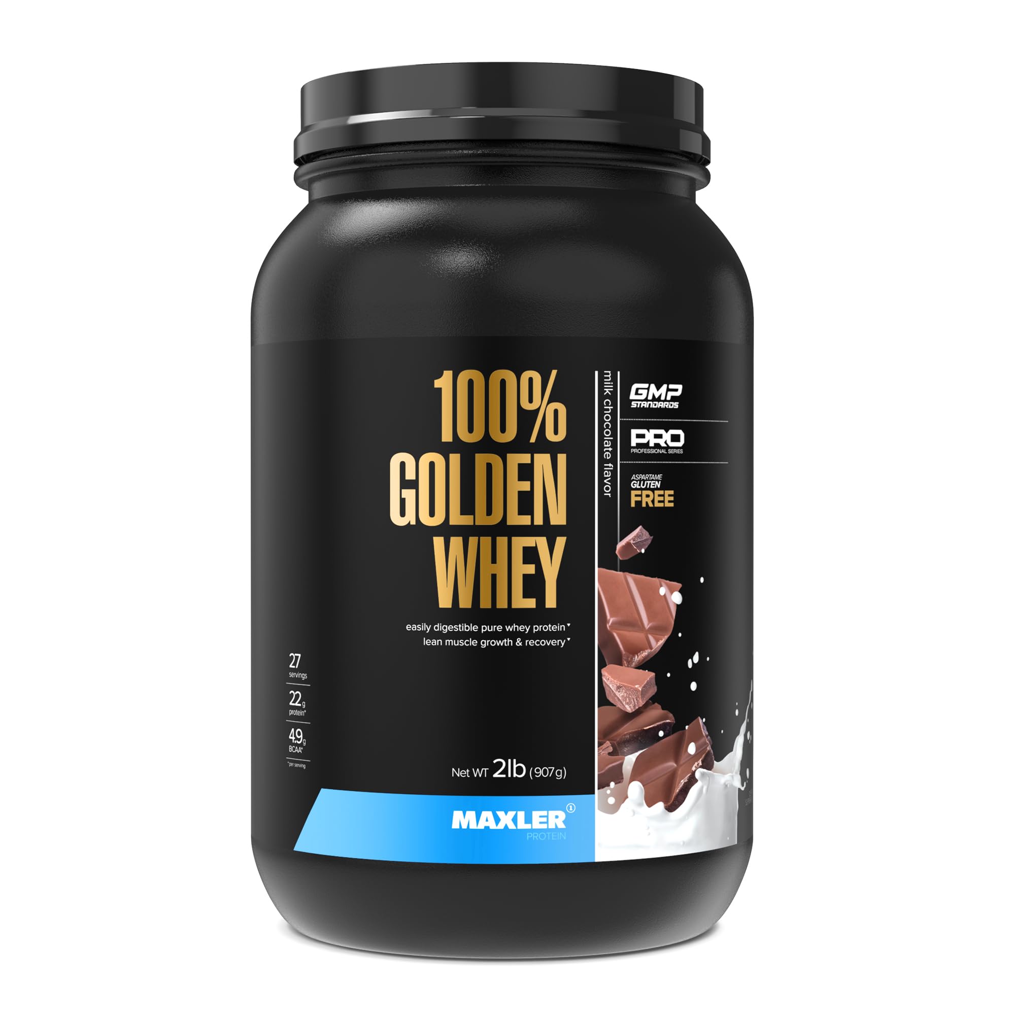Maxler 100% Golden Whey Protein Powder - 22g Protein per Serving, Fast-Absorbing Whey Concentrate Isolate & Hydrolysate Blend - Premium Pre & Post Workout Supplement - Delicious Milk Chocolate Flavor (2 lb) - Ideal for Muscle Recovery, Weight Training & Fitness Enthusiasts