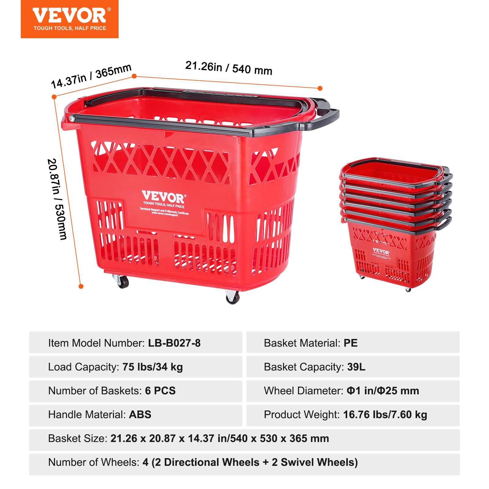 VEVOR 6-Piece 39L Rolling Shopping Baskets with Handles & Wheels - Large Plastic Portable Shopping Cart Set for Supermarkets, Retail Stores, Grocery Shopping - Perfect for Quick Checkouts and Bulk Purchases (Red)