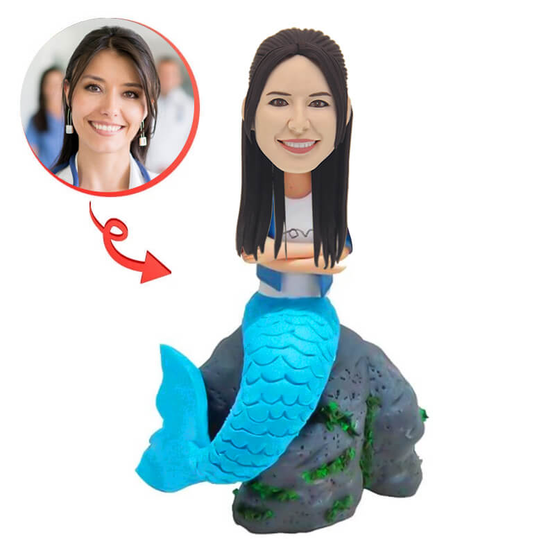 Custom Blue Mermaid Bobblehead - Unique Handmade Collectible for Home Decor, Office Desk & Gift Giving