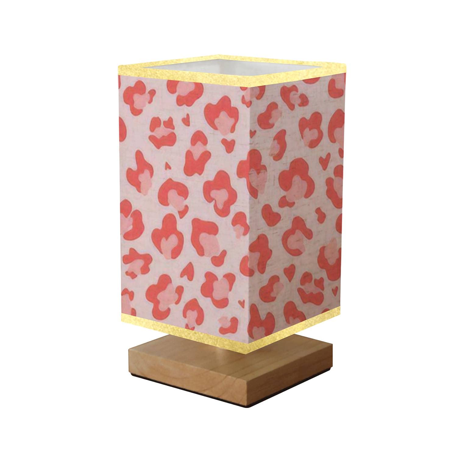 Pink Red Leopard Print Square Bedside Table Lamp - Dimmable Nightstand Lamp with Wooden Base & Flaxen Fabric Shade for Bedroom, Living Room | Glamorous Cheetah Pattern Home Decor Lighting