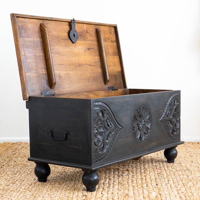 Hand Carved Black Wooden Storage Box for Blankets & Linens | Premium Wood Carving Chest for Home Decor, Bedroom & Living Room Organization