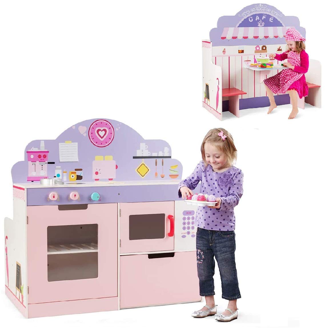 Costzon 2-in-1 Kids Play Kitchen & Wooden Pretend Cafe Set with Stove, Oven, Microwave & Storage - Interactive Cooking Toy for Toddlers & Preschoolers - Perfect for Role Play, Birthday Gifts & Indoor Pretend Play (Pink)