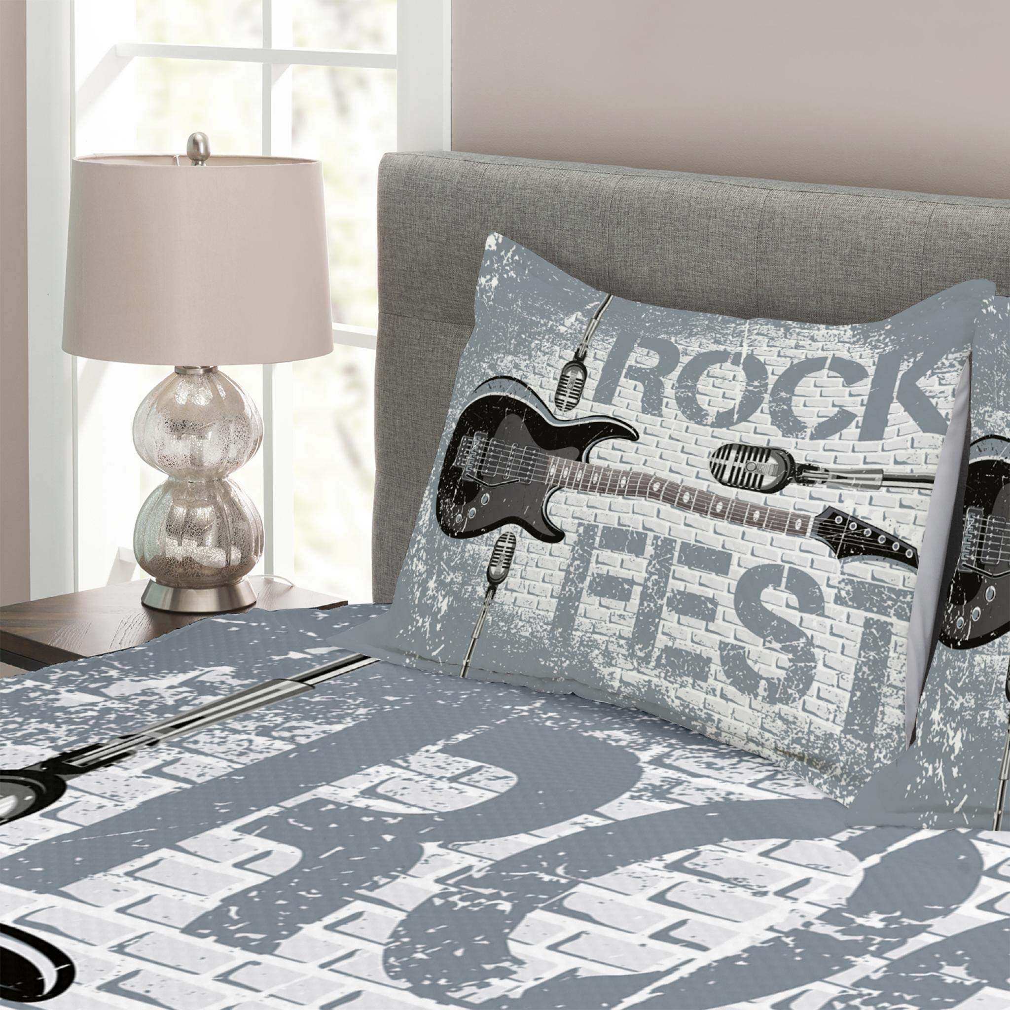 Ambesonne Rock Music Bedspread Set - Grunge Style Brick Wall with Electric Guitar & Mic Design, 3-Piece Bedding Set with Coverlet & 2 Pillow Shams, King Size, Blue Grey Black - Perfect for Rock Themed Bedrooms & Music Lover Gifts