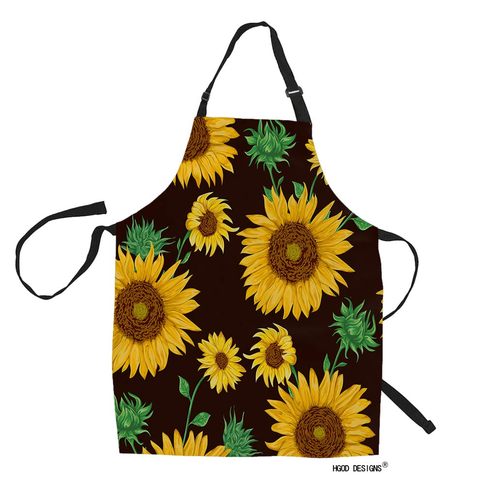Vintage Sunflower Kitchen Apron with Green Leaves - Adjustable Cooking & Gardening Bib for Women & Men - Adult Size Home Apron for Baking, BBQ, and Outdoor Activities