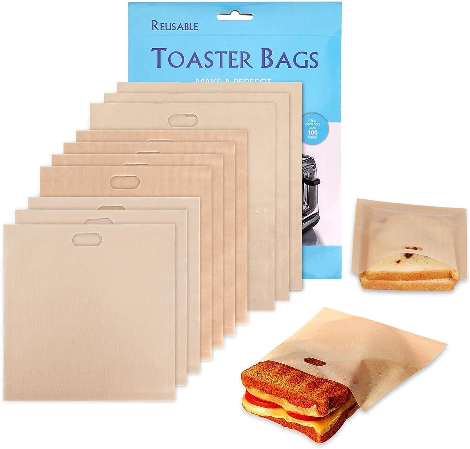 Samshow 10-Pack Non-Stick Heat Resistant Reusable Toaster Sandwich Bags - Gluten Free Oven Safe Pastry Bags for Grilled Cheese, Picnics & Baking (Wood Color) - Perfect for Home, Camping & Outdoor Cooking