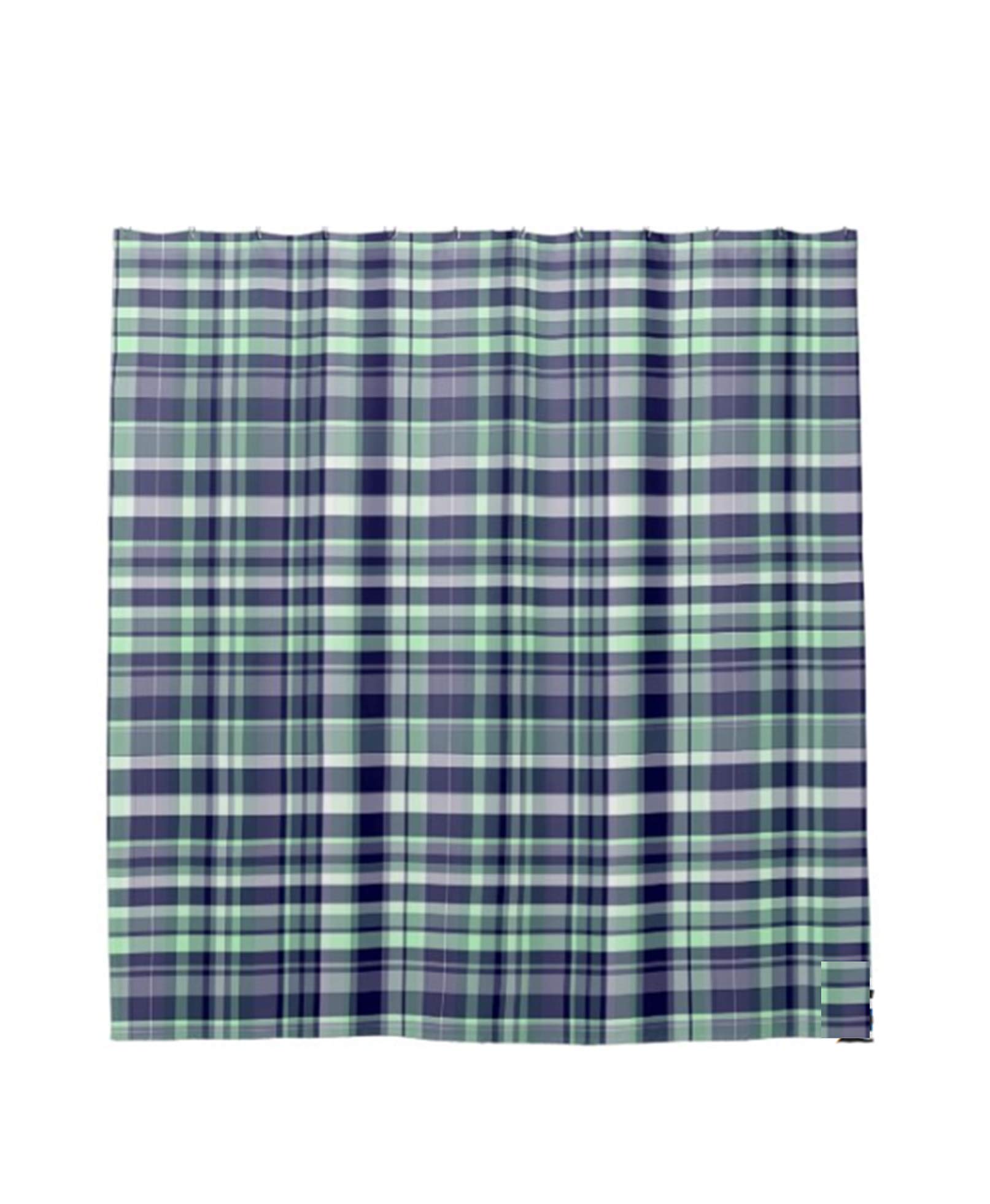 Preppy Madras Plaid Shower Curtain Set - Mint, Navy Blue & White - 72 x 72 Inches with 12 Hooks - Waterproof Bathroom Decor for Coastal, Farmhouse & Dorm Style Homes