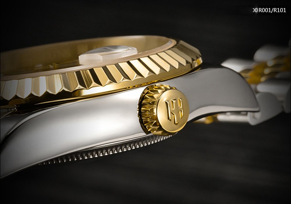 Luxury Men's Automatic Mechanical Watch - 18K Gold Plated Stainless Steel, Self-Winding, Sapphire Crystal Glass, Waterproof Dress Watch for Business & Formal Occasions