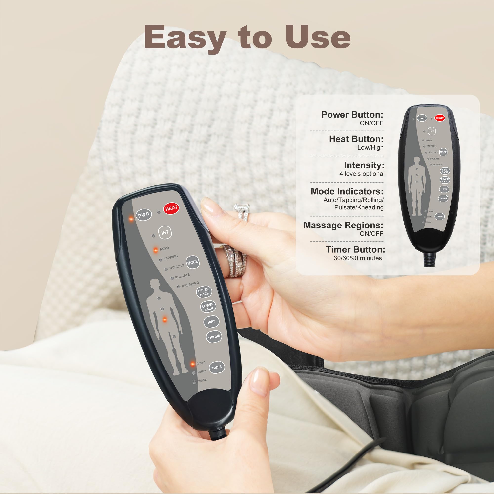 Vibration Back Massager with Heat - 10 Vibration Motors & 2 Heating Levels Massage Chair Pad for Recliner, Office Chair, Sofa - Perfect for Home, Office & Car Use - Great Gift for Mom, Dad, Women & Men