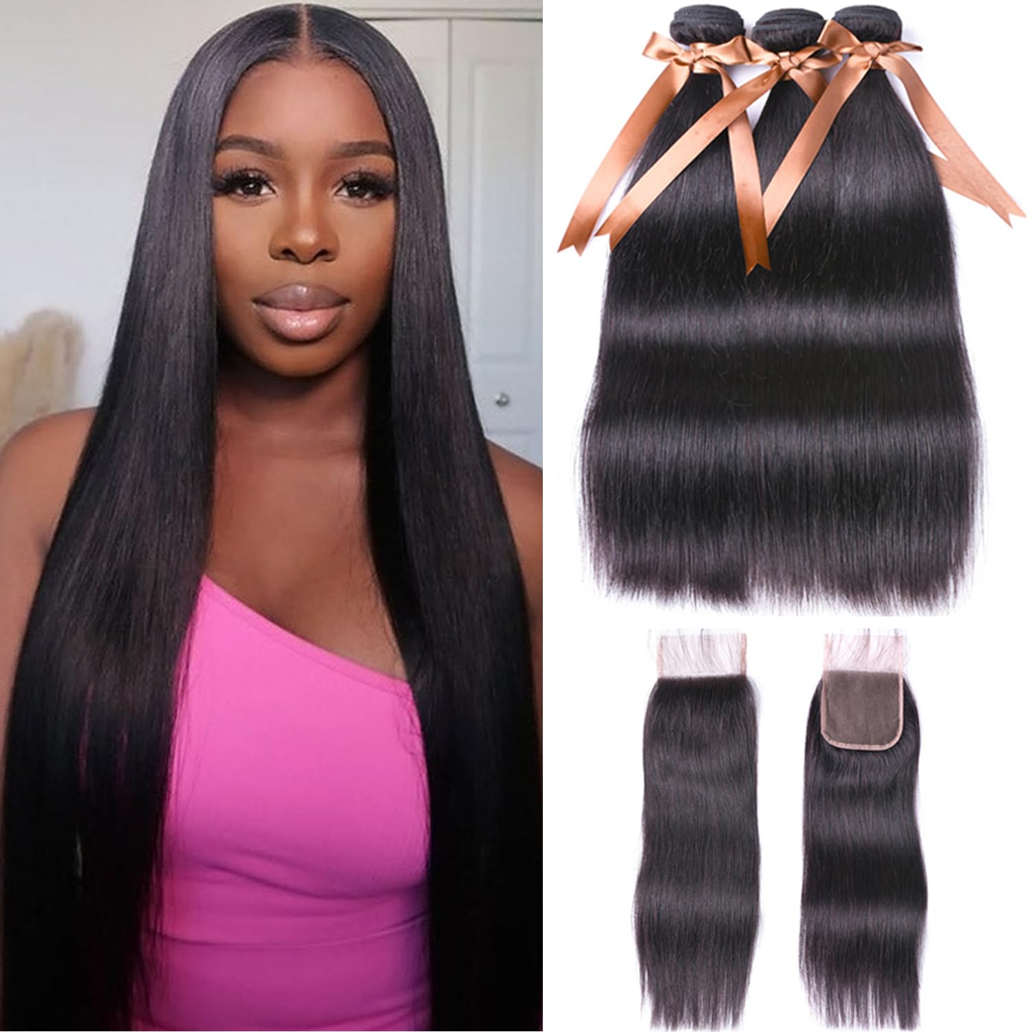 ALLRUN 100% Unprocessed Brazilian Straight Virgin Human Hair Bundles with Closure - 3 Bundles + Free Part (22, 24, 26 Inches + 20
