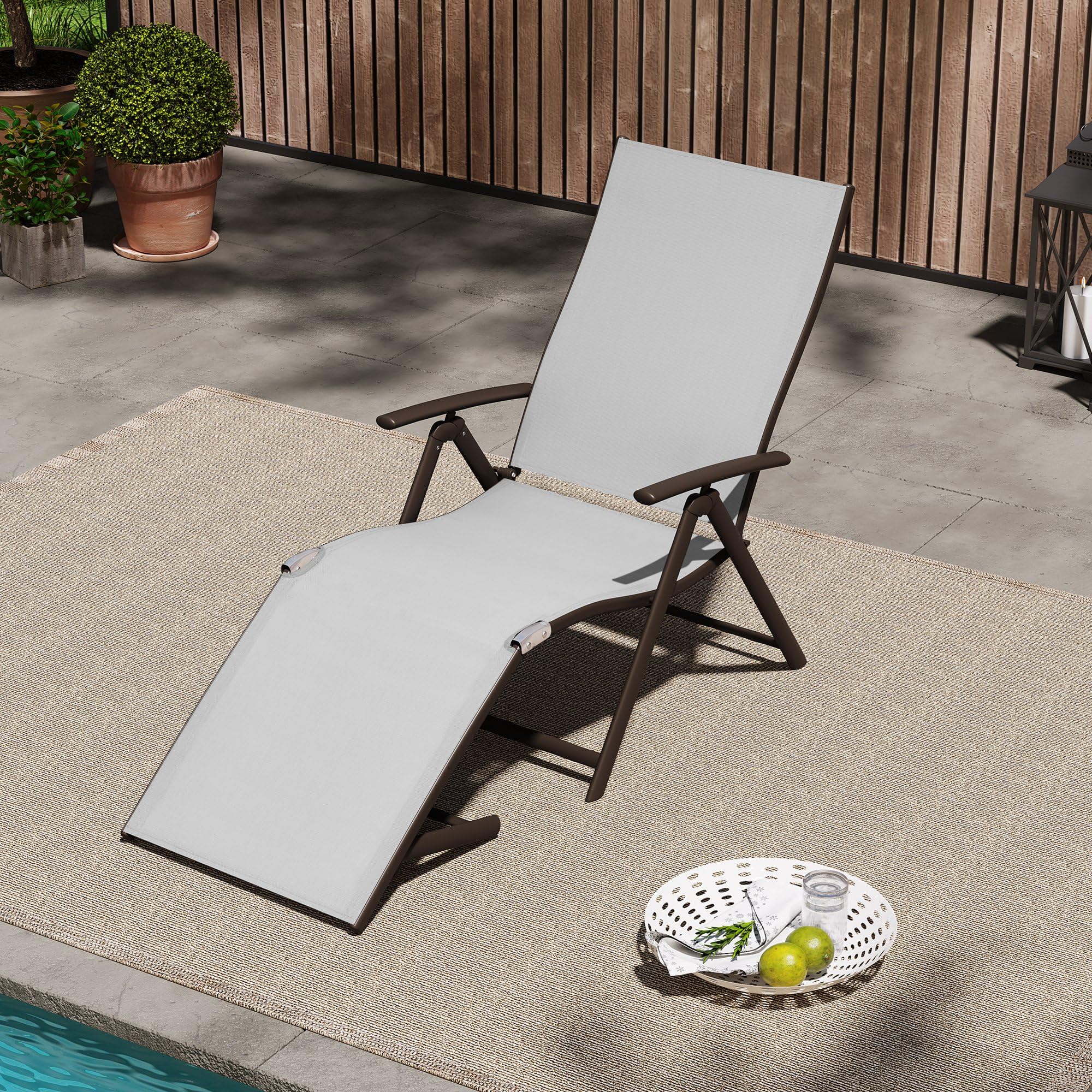 Adjustable Folding Patio Chaise Lounge Chair - 8-Position Recliner with Light Grey Textilene Fabric & Brown Aluminum Frame for Poolside, Beach, Backyard, and Outdoor Relaxation