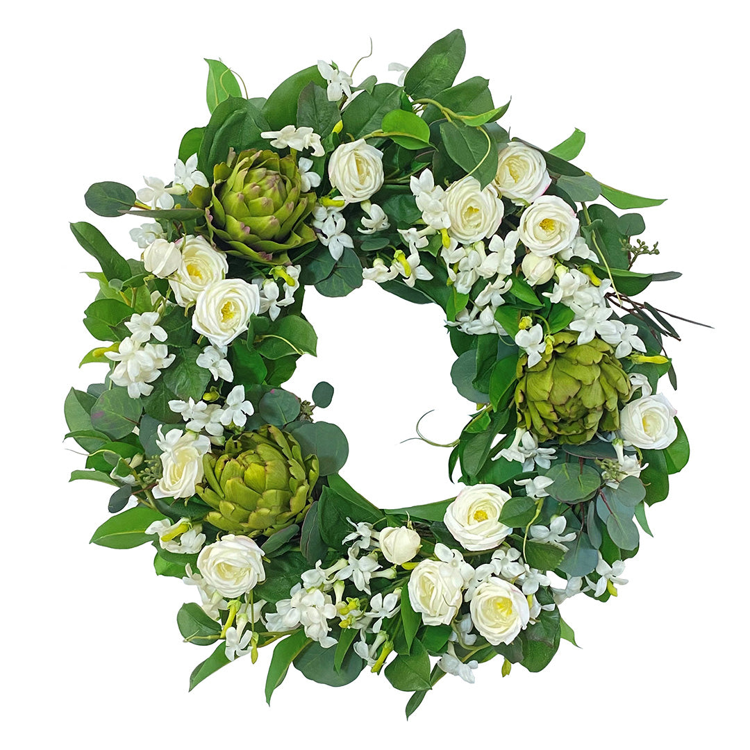 Valley Artichoke & Stephanotis Wreath - Elegant Floral Wreath for Front Door Decor, Wedding, Home & Wall Decoration - Perfect for Spring, Summer & Holiday Season