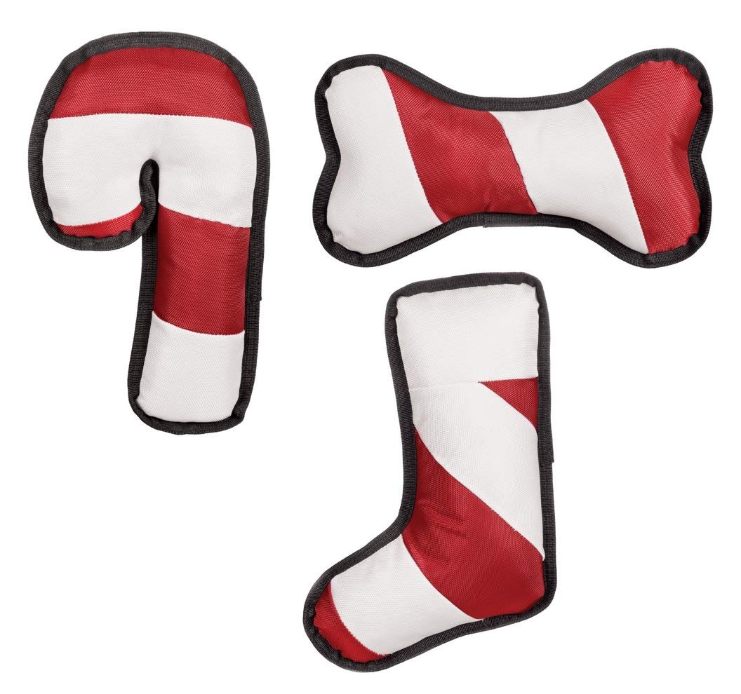 Holiday Squeaky Dog Toys Set - Peppermint Stripe Candy Cane Bone & Stocking - 12.5