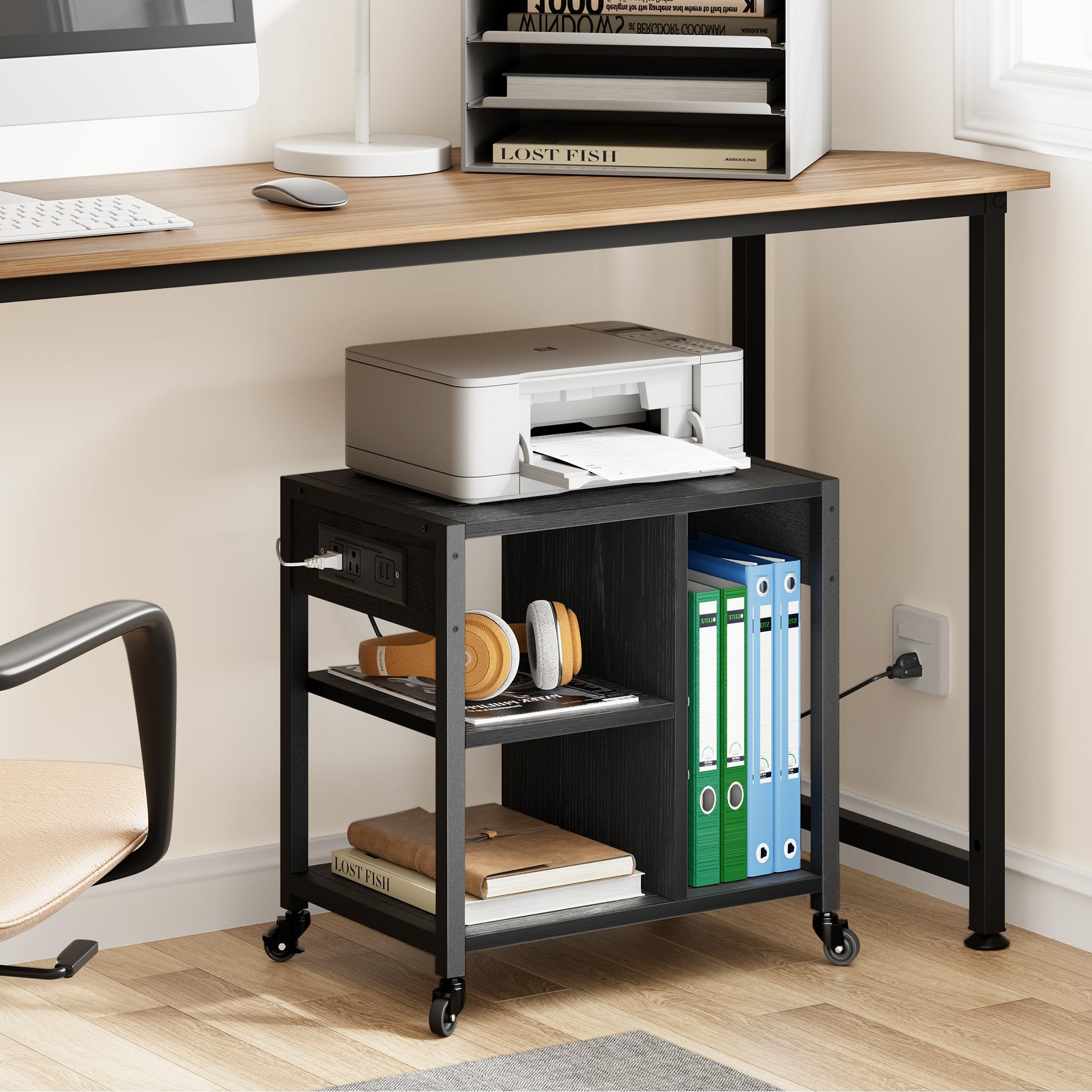 3-Tier Rolling Printer Stand with Power Outlets & USB Ports - Rustic Black Under Desk Printer Table with Storage & Wheels for Home Office Organization | Perfect for Small Spaces & Workspace Efficiency