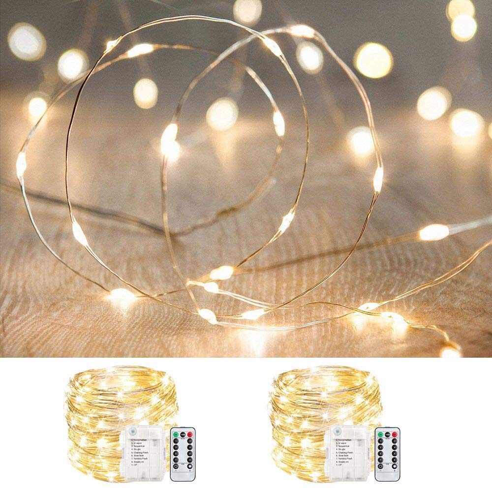 ANJAYLIA 2 Pack 33ft 100 LED Fairy Lights - Battery Operated Waterproof Twinkle String Lights with Remote Control & Timer - Dimmable Copper Wire Firefly Lights in Warm White - Perfect for Bedroom, Wedding, Party, and Outdoor Decor